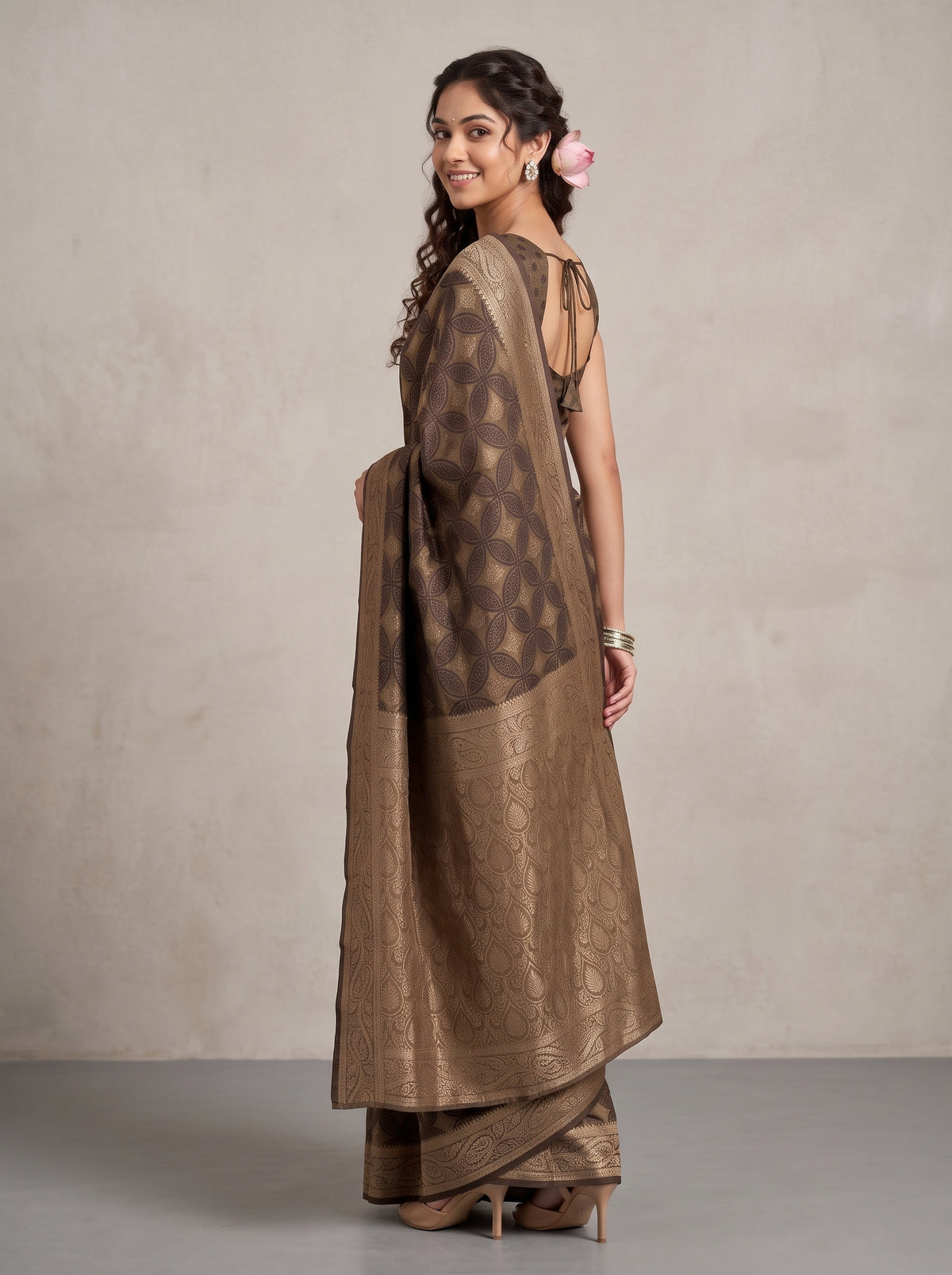 MIMOSA Chocolate Kanjivaram Saree — pose 5 styling detail