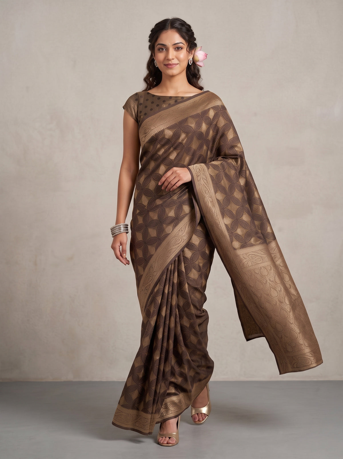 MIMOSA Chocolate Kanjivaram Saree — pose 6 styling detail