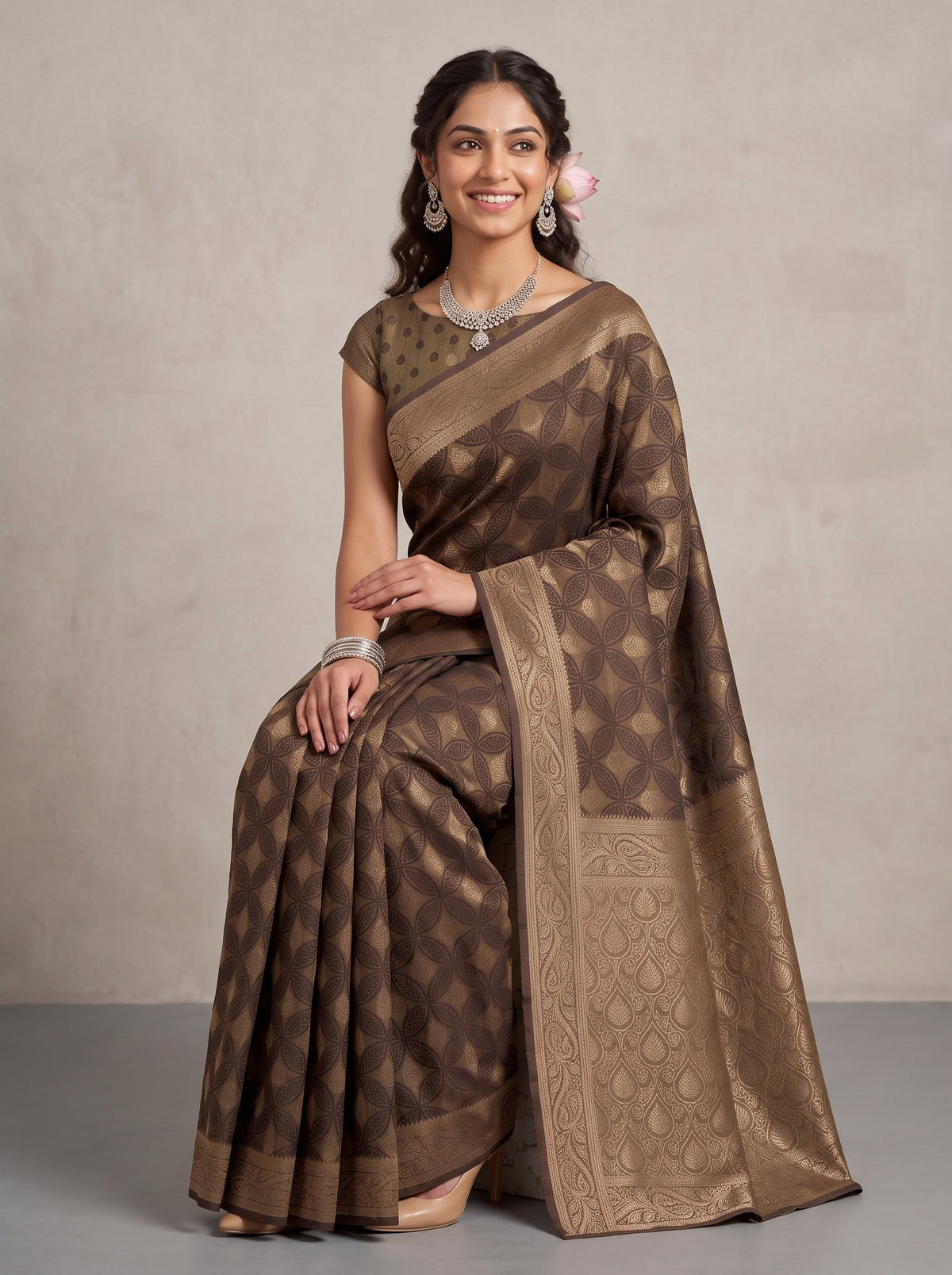 MIMOSA Chocolate Kanjivaram Saree — pose 8 styling detail