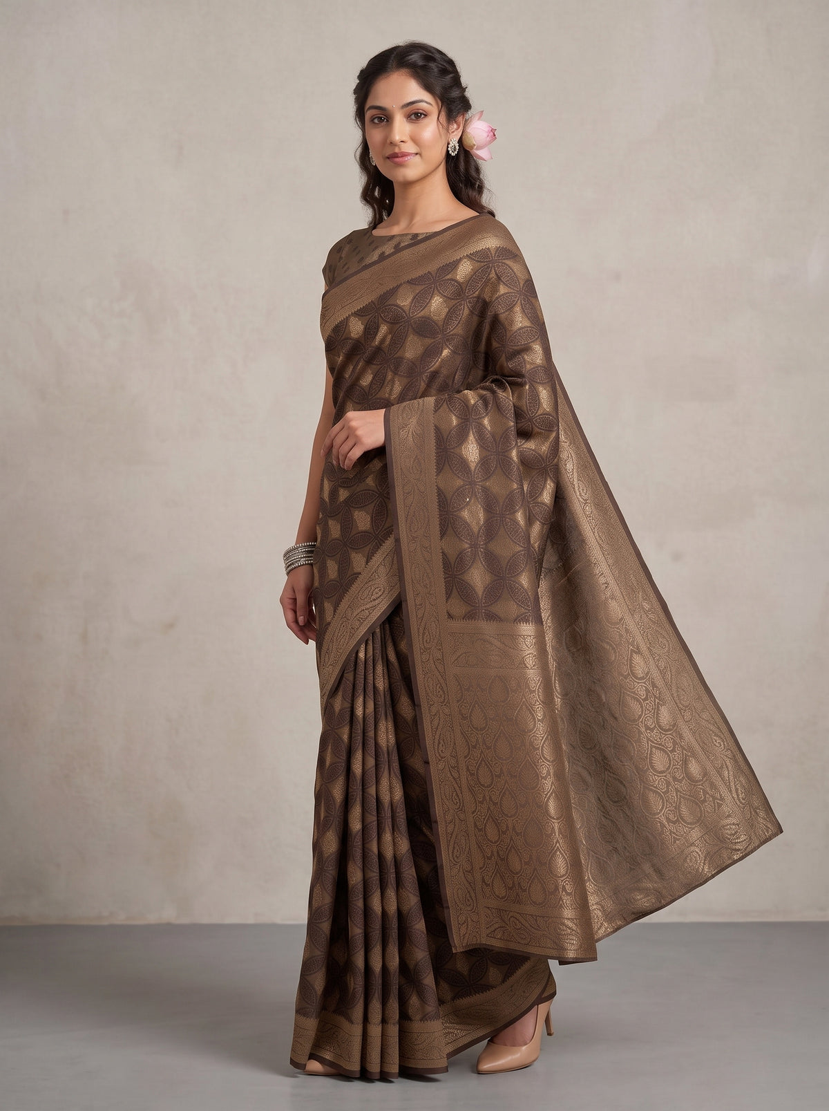 MIMOSA Chocolate Kanjivaram Saree — pose 9 styling detail