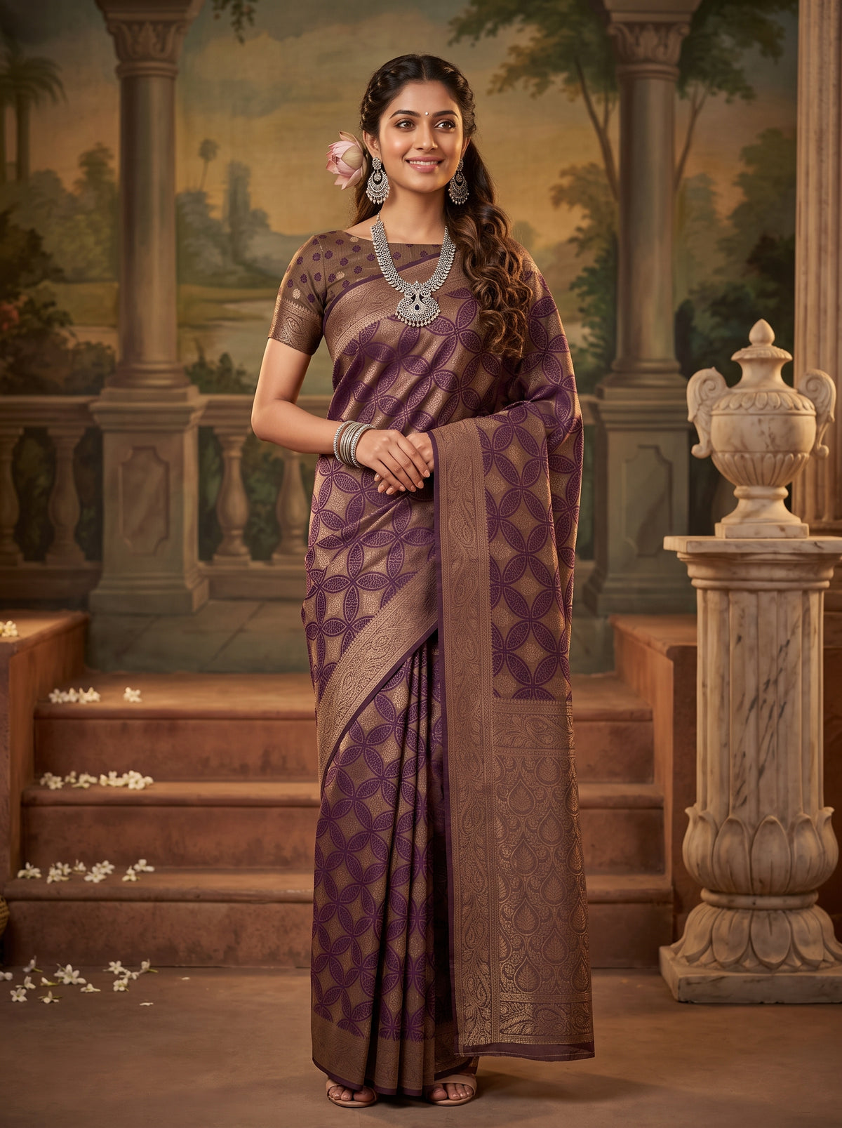 MIMOSA Jamun Kanjivaram Saree — front view on mannequin