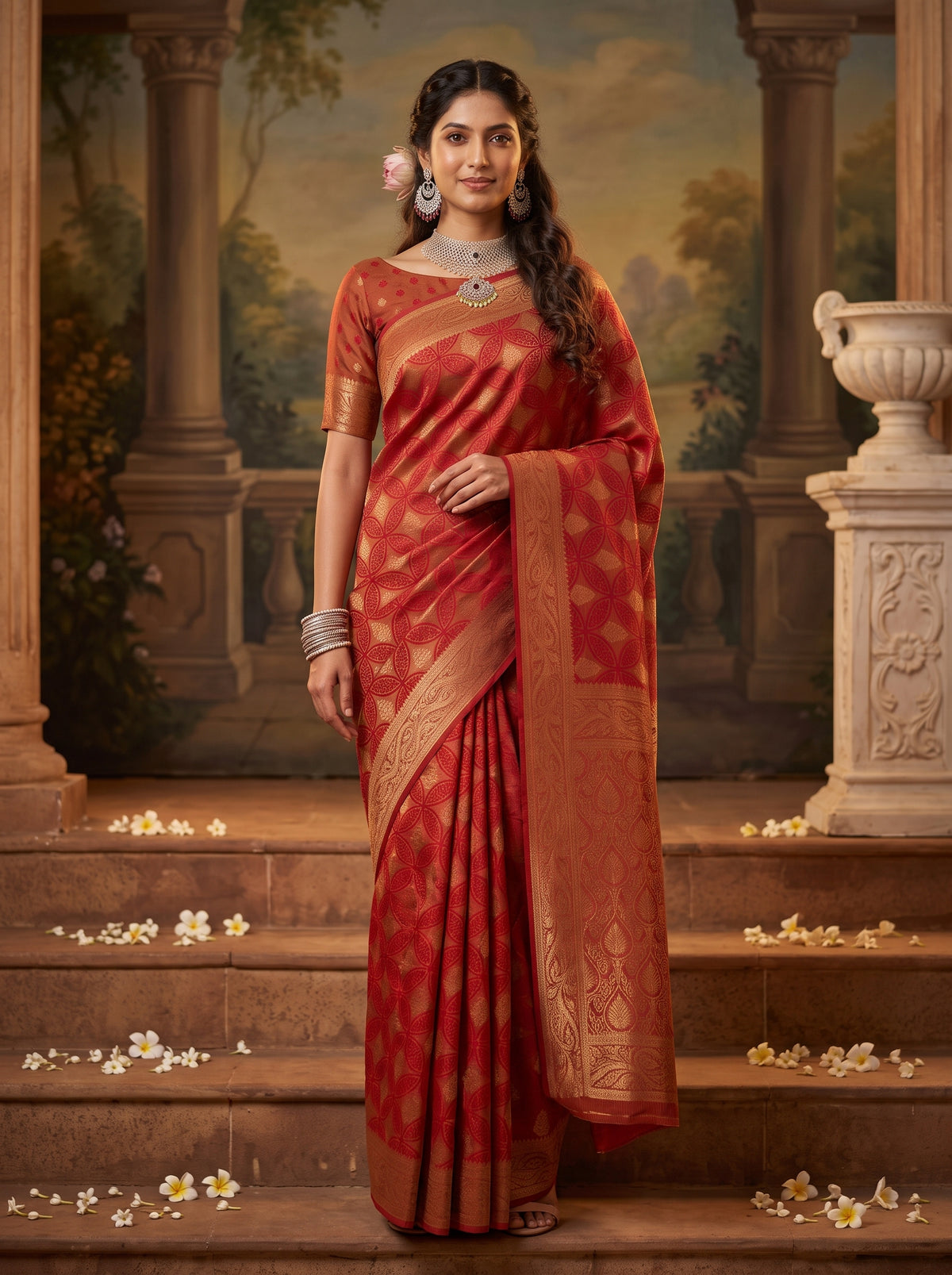 MIMOSA Red Kanjivaram Saree — front view on mannequin