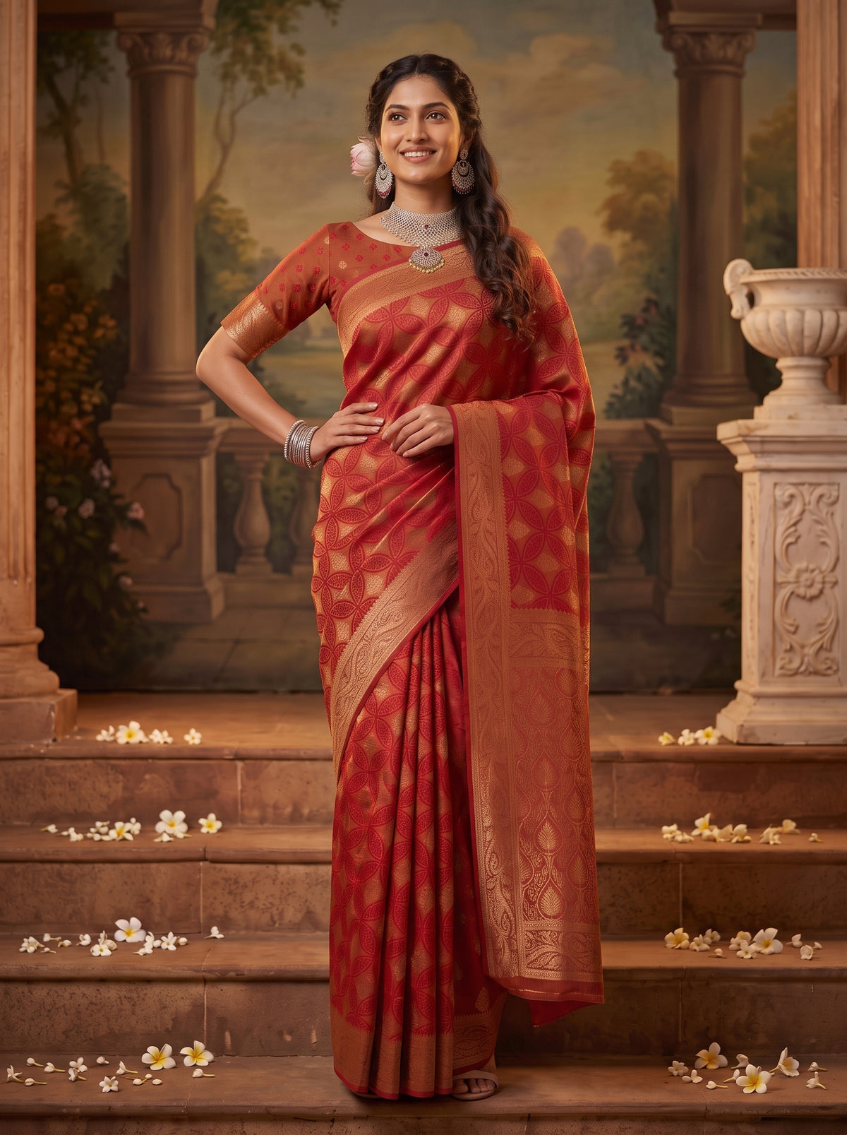 MIMOSA Red Kanjivaram Saree — pose 4 styling detail