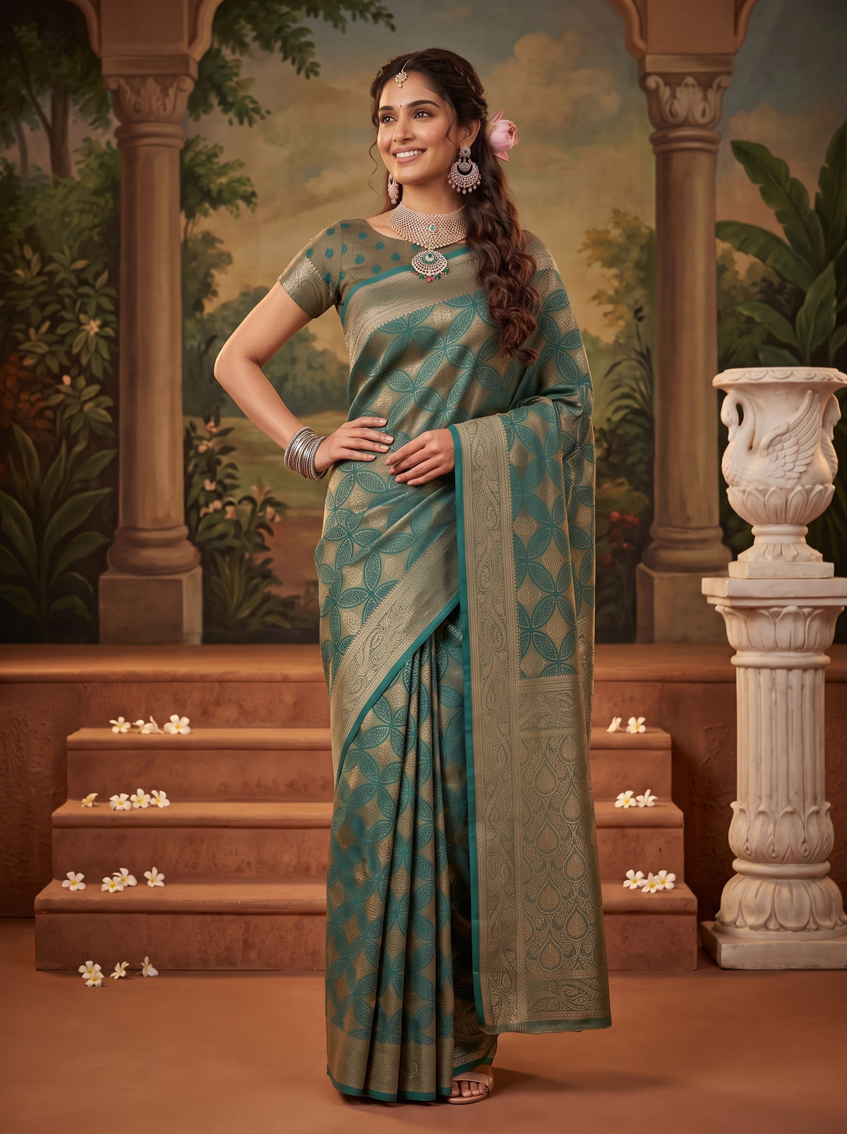 MIMOSA Sapphire Kanjivaram Saree — pose 4 styling detail