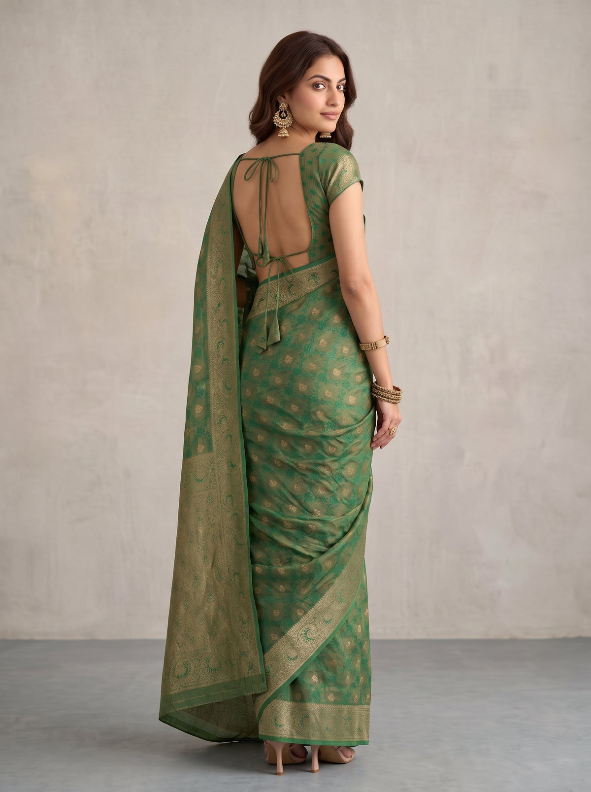 MIMOSA Rama Kanjivaram Saree — pose 2 styling detail
