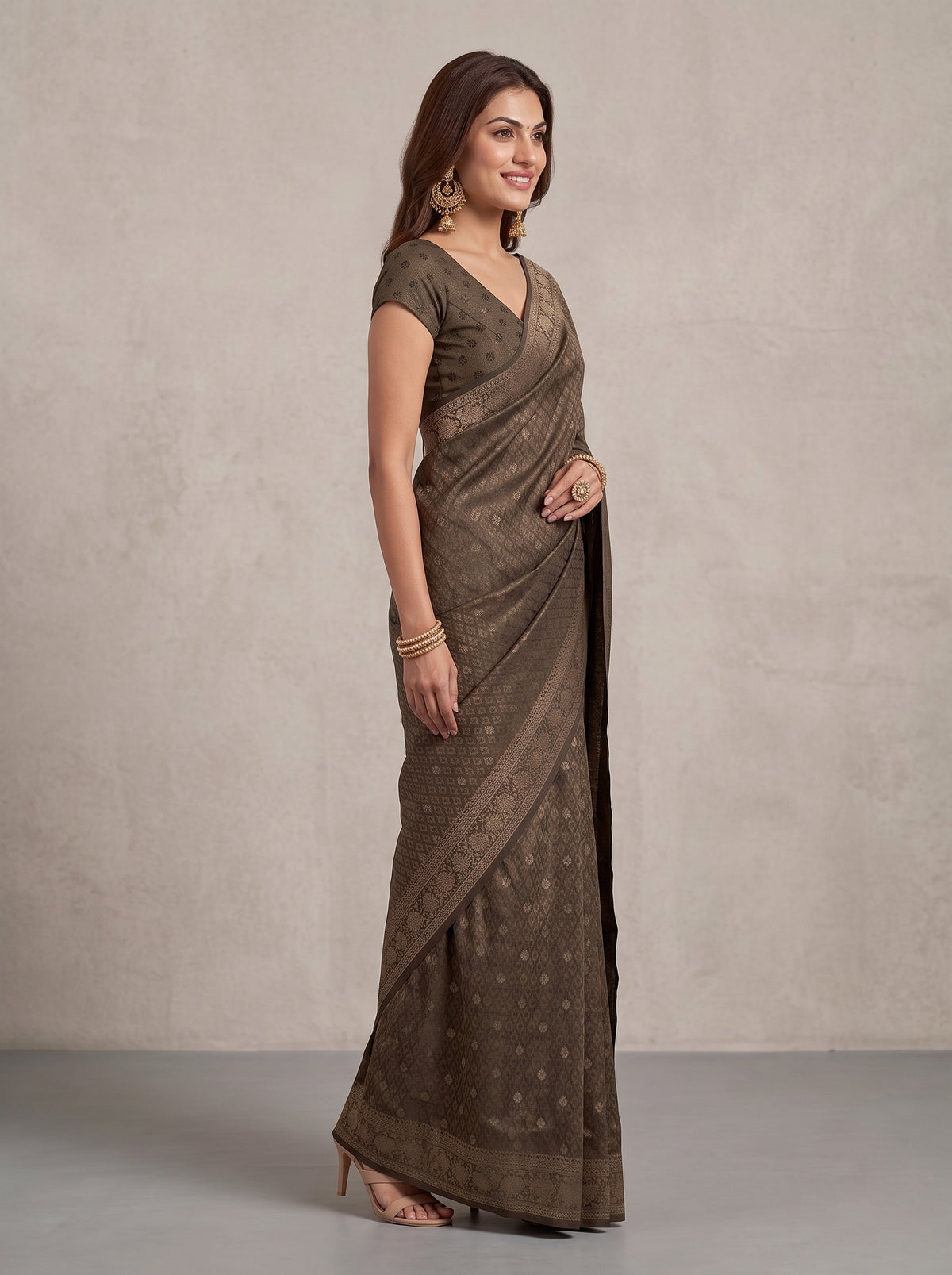 MIMOSA Chocolate Kanjivaram Saree — pose 3 styling detail