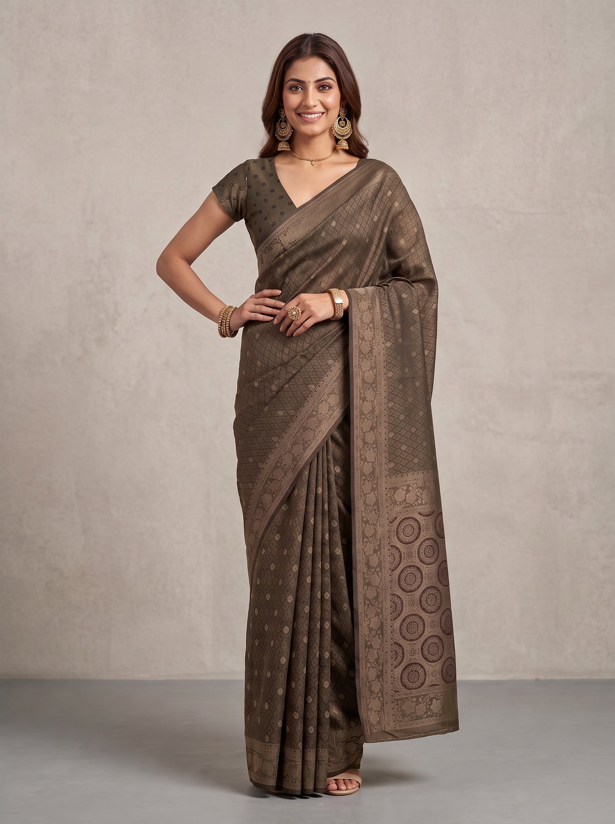 MIMOSA Chocolate Kanjivaram Saree — pose 4 styling detail