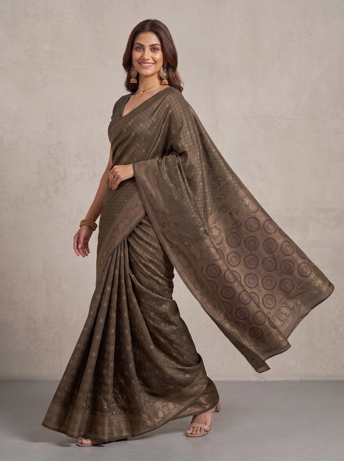 MIMOSA Chocolate Kanjivaram Saree — pose 6 styling detail