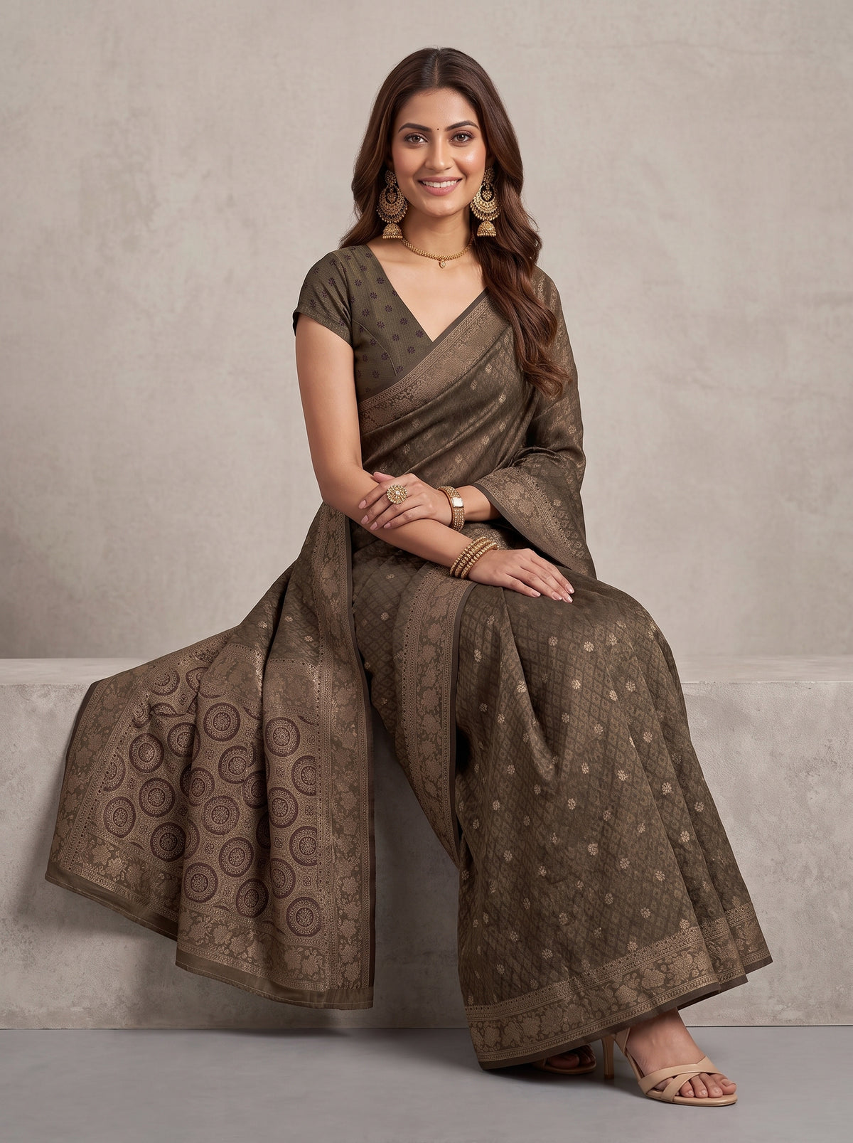 MIMOSA Chocolate Kanjivaram Saree — pose 8 styling detail
