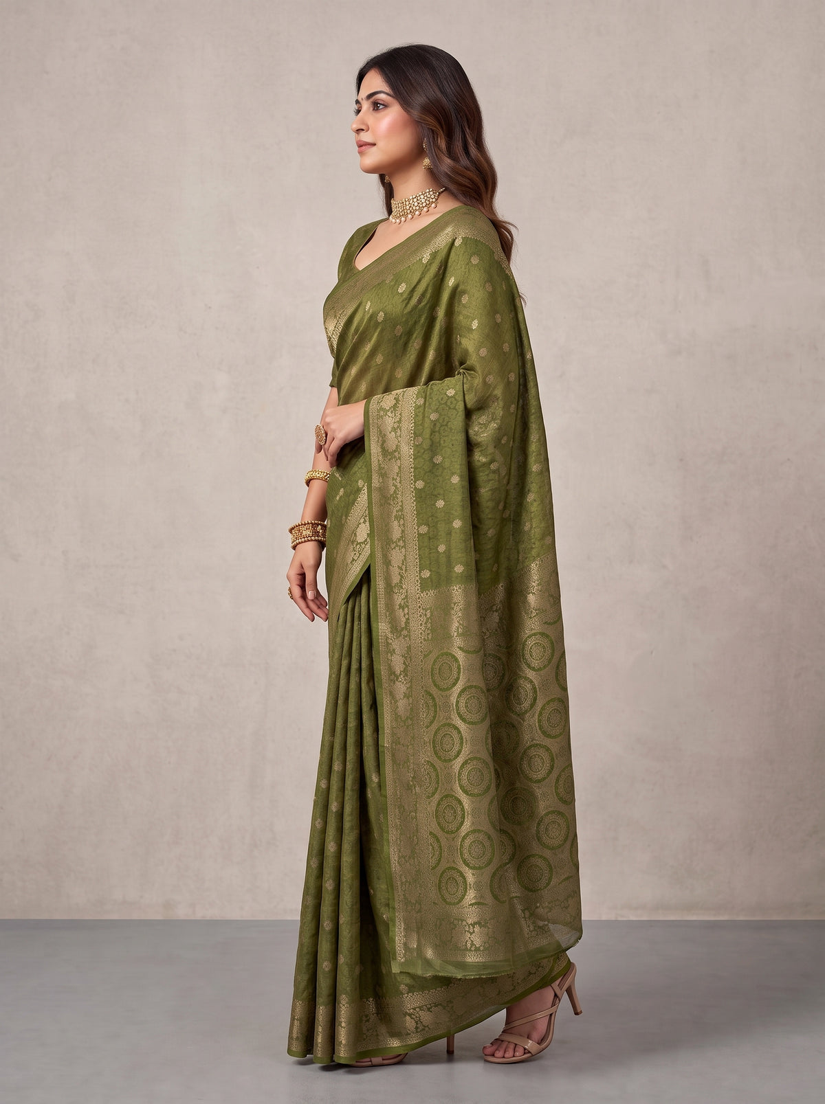 MIMOSA Olive Kanjivaram Saree — pose 3 styling detail
