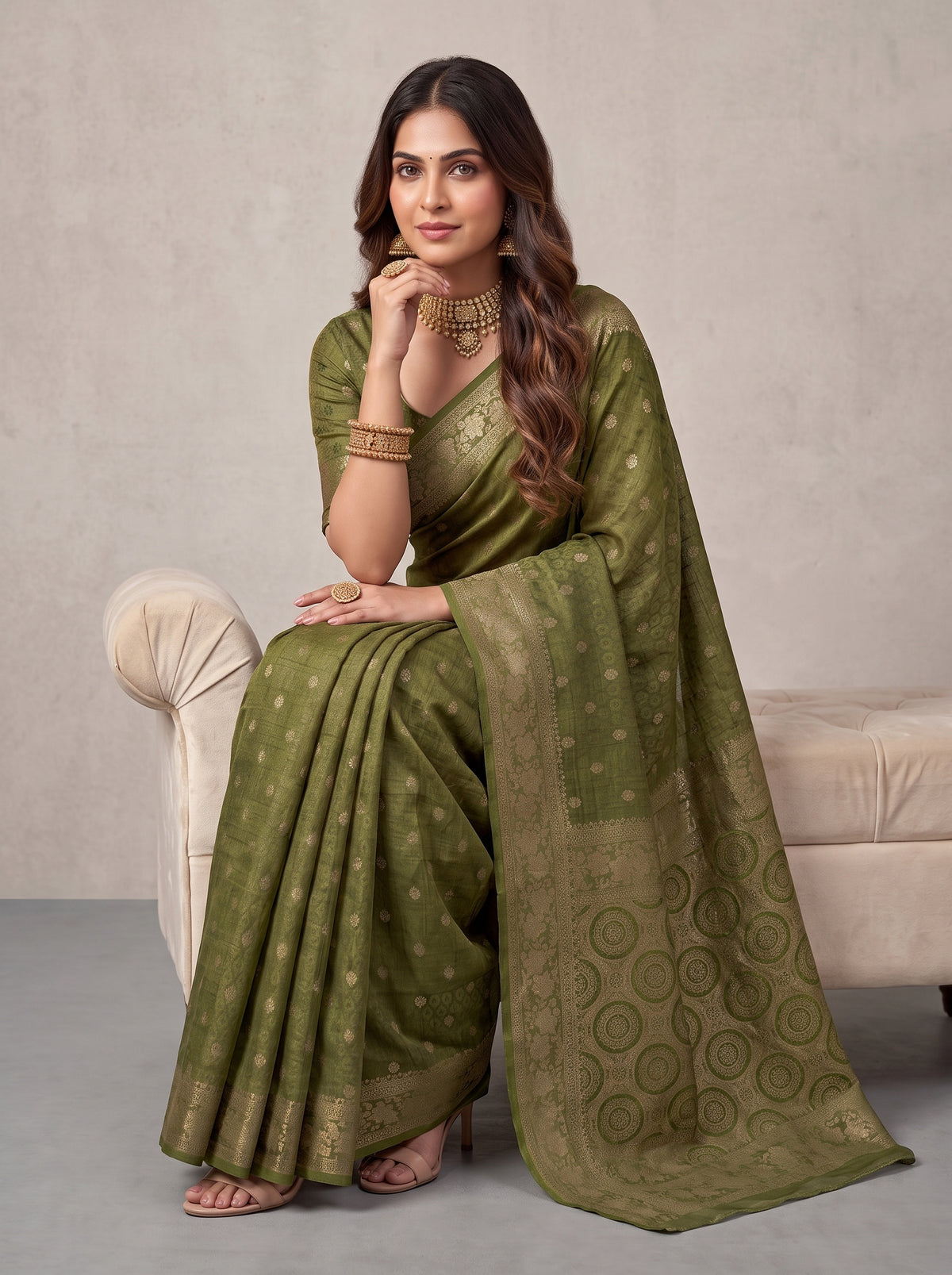 MIMOSA Olive Kanjivaram Saree — pose 8 styling detail