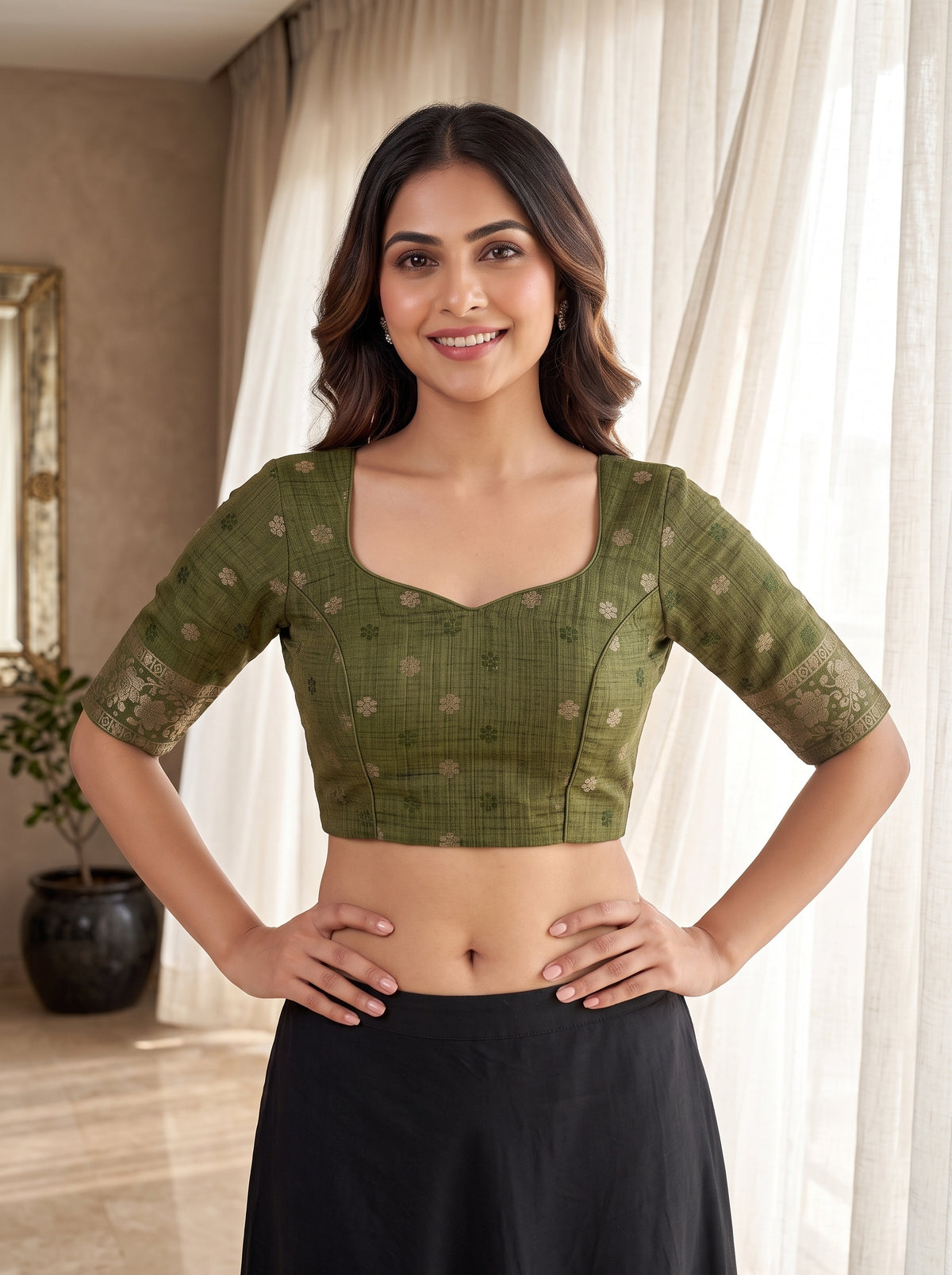 MIMOSA Olive Kanjivaram Saree — blouse close-up
