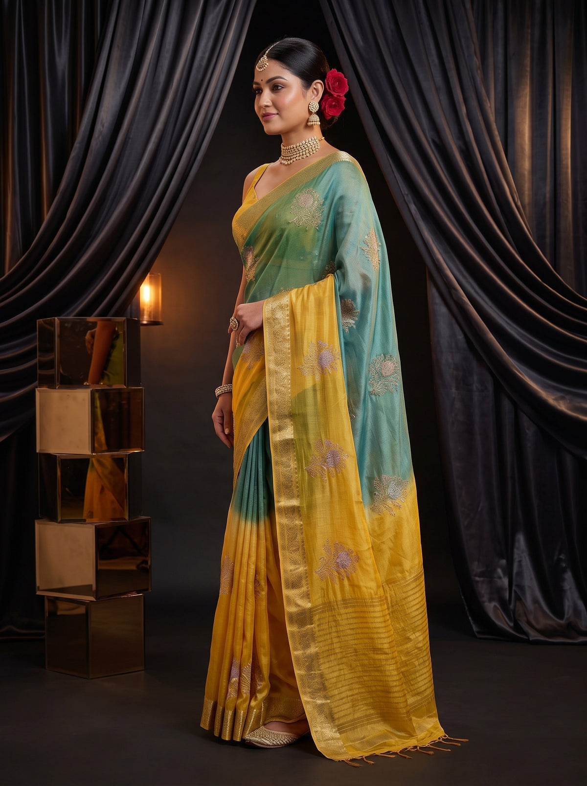MIMOSA Mustard Jaipur Saree — pose 3 styling detail