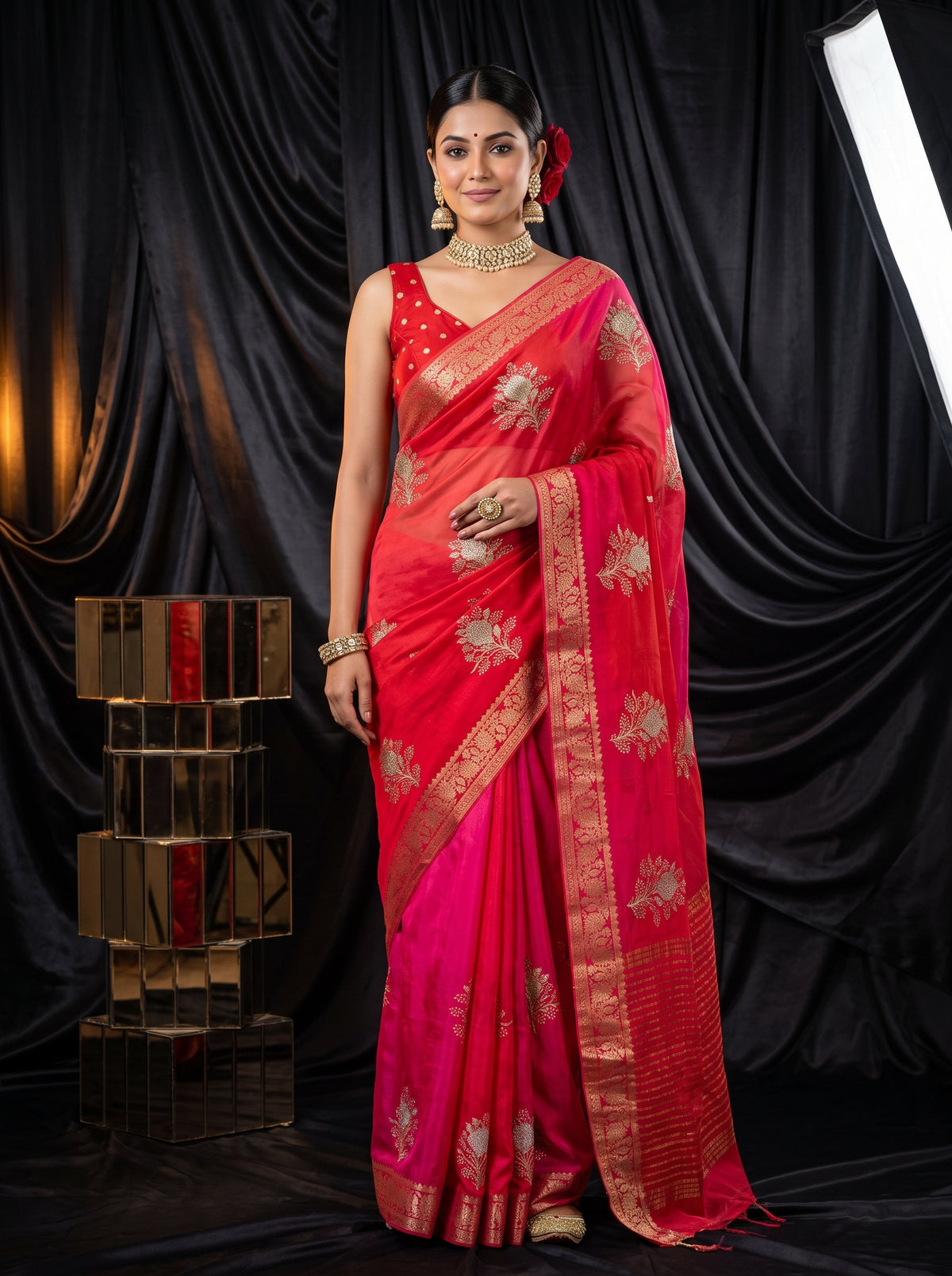 MIMOSA Strawberry Jaipur Saree — front view on mannequin