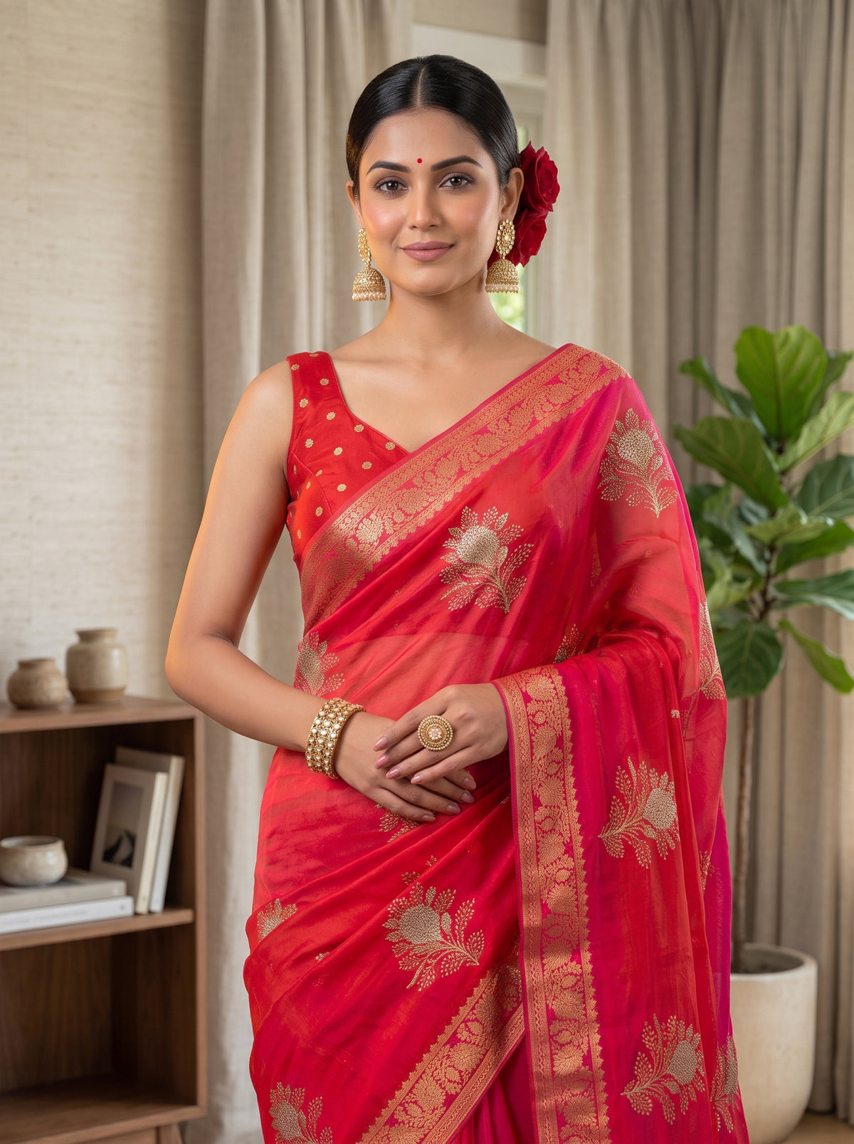 MIMOSA Strawberry Jaipur Saree — pose 10 styling detail