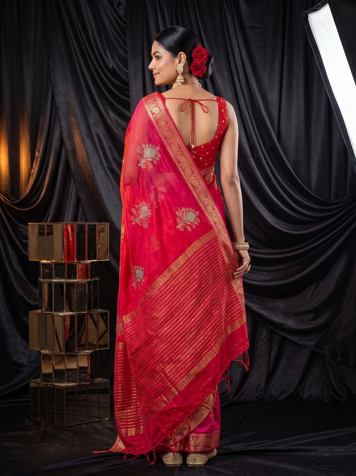 MIMOSA Strawberry Jaipur Saree — pose 2 styling detail