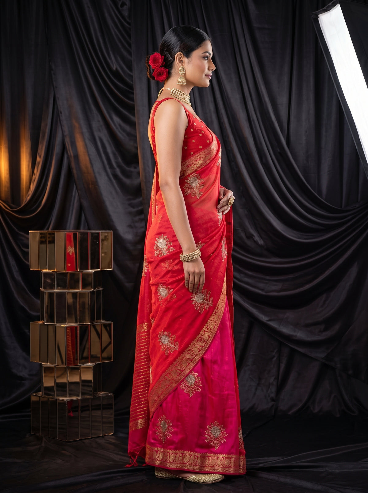 MIMOSA Strawberry Jaipur Saree — pose 3 styling detail