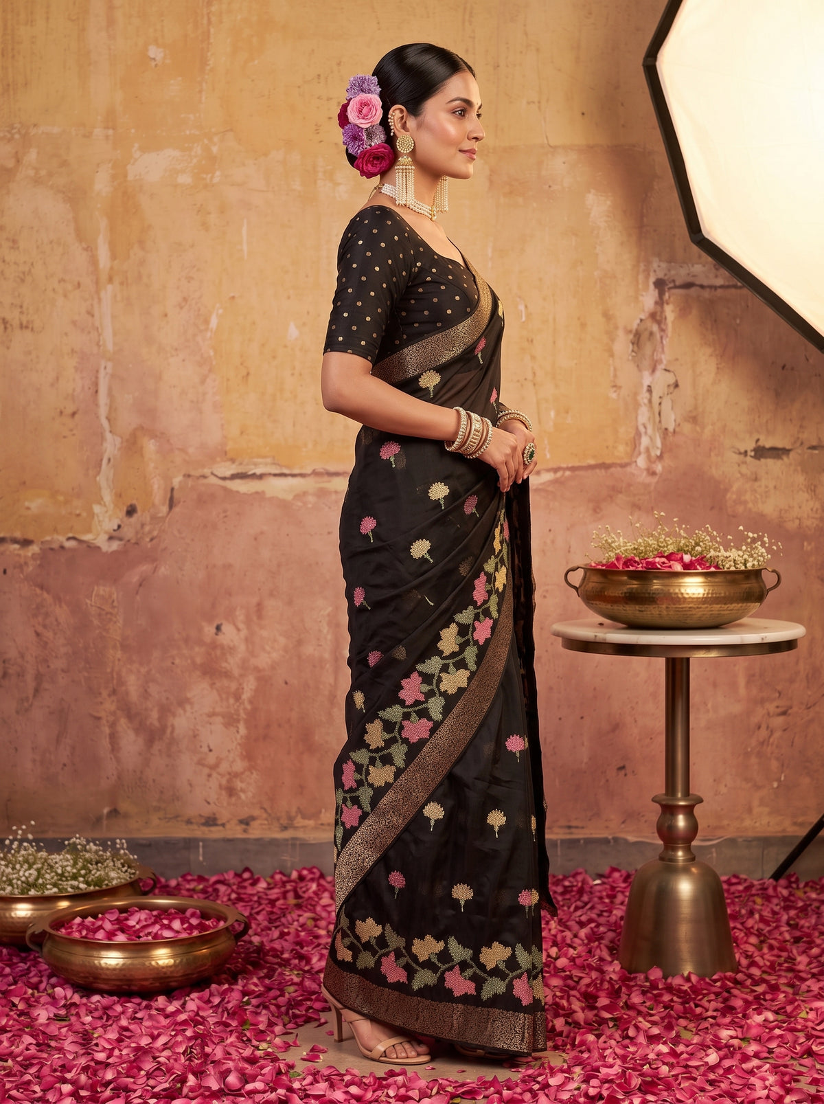 MIMOSA Black Jaipur Pure Viscose Chiffon Saree — model mid section