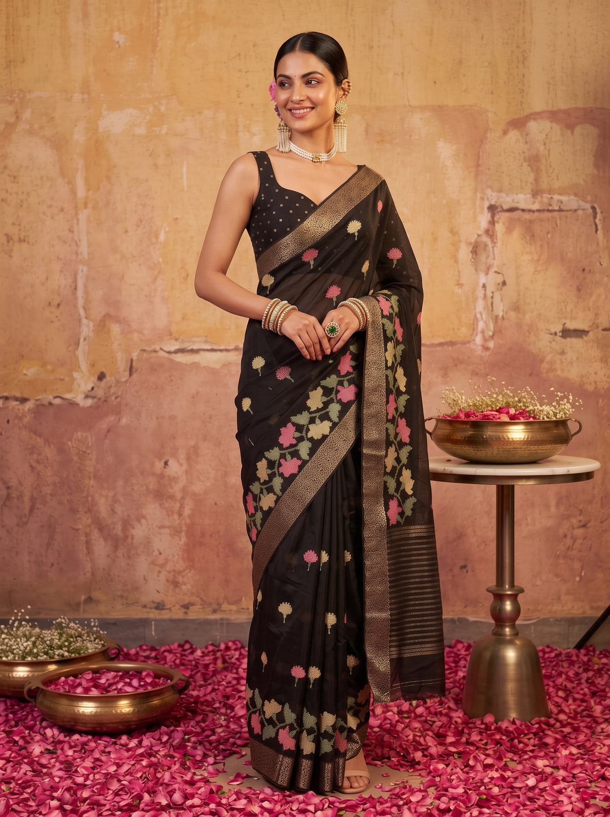 MIMOSA Black Jaipur Pure Viscose Chiffon Saree — full saree shot