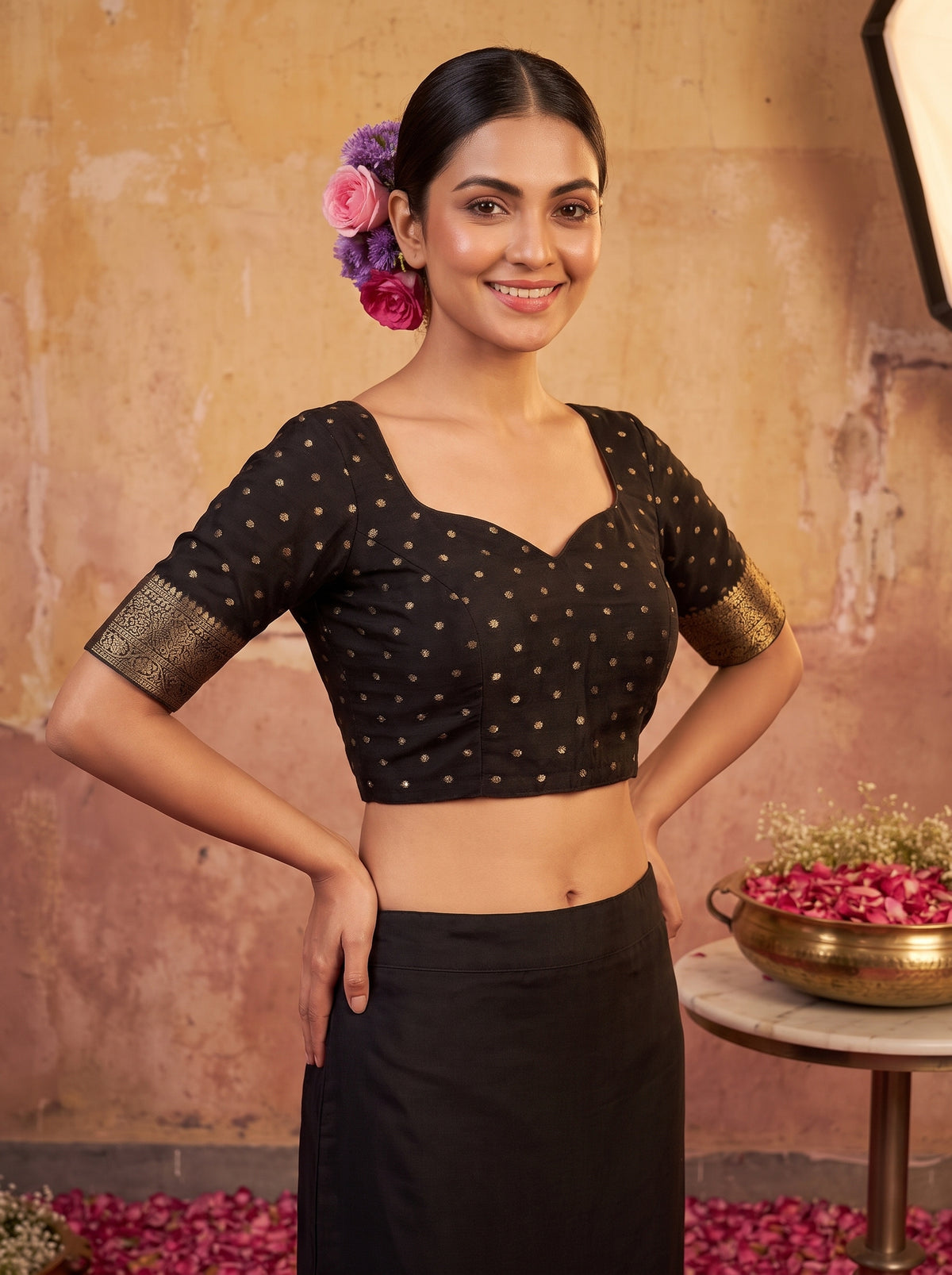 MIMOSA Black Jaipur Saree — blouse close-up