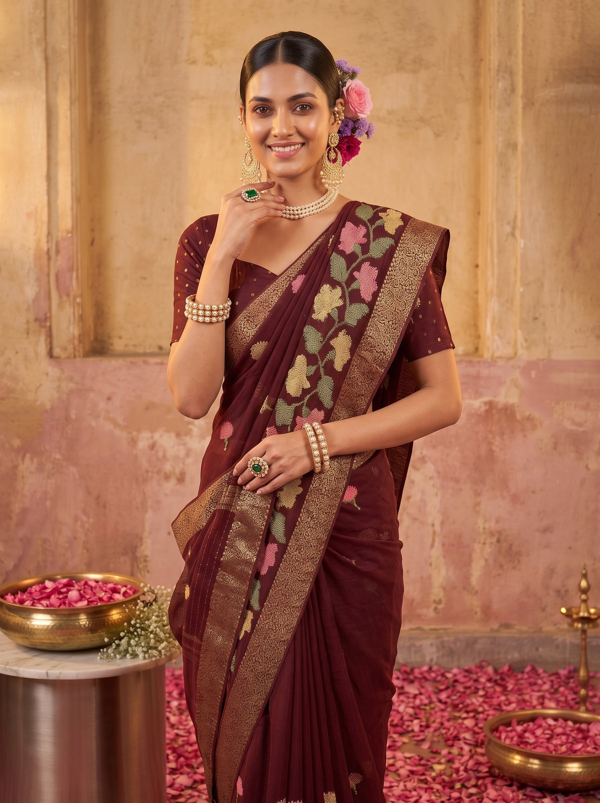 MIMOSA Chocolate Jaipur Saree — pose 10 styling detail