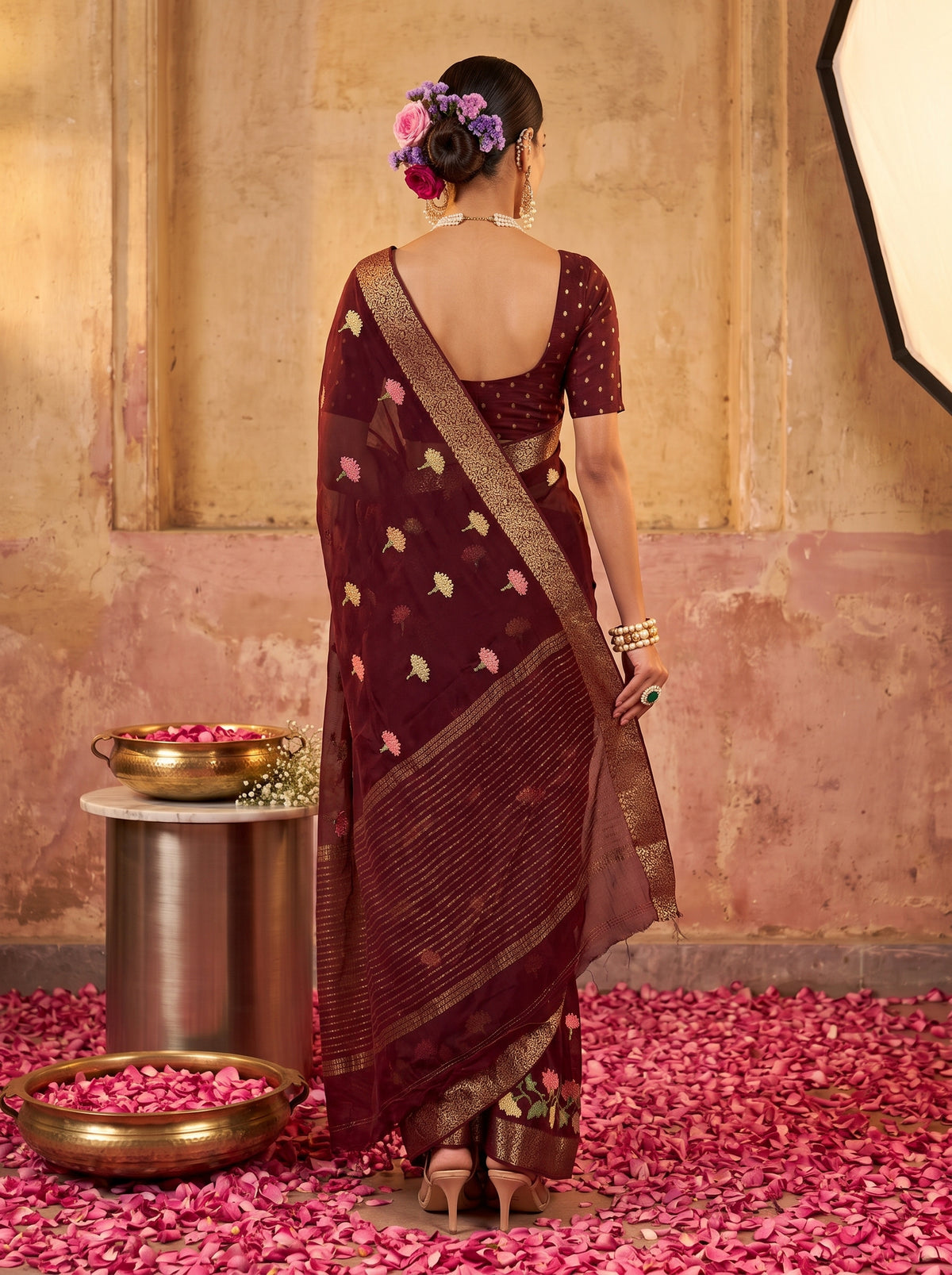 MIMOSA Chocolate Jaipur Pure Viscose Chiffon Saree — model upper body
