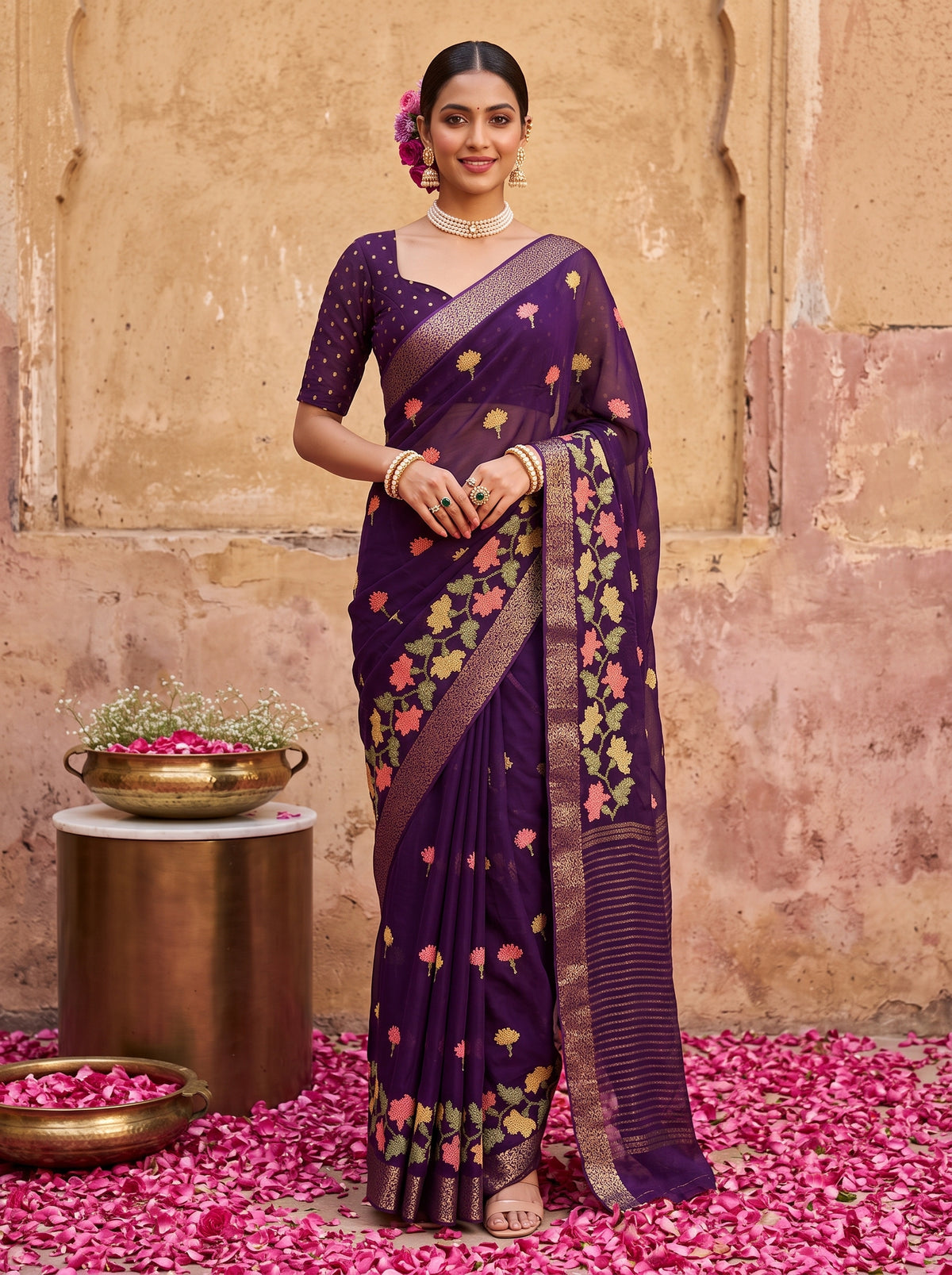 MIMOSA Jamun Jaipur Pure Viscose Chiffon Saree — model full shot