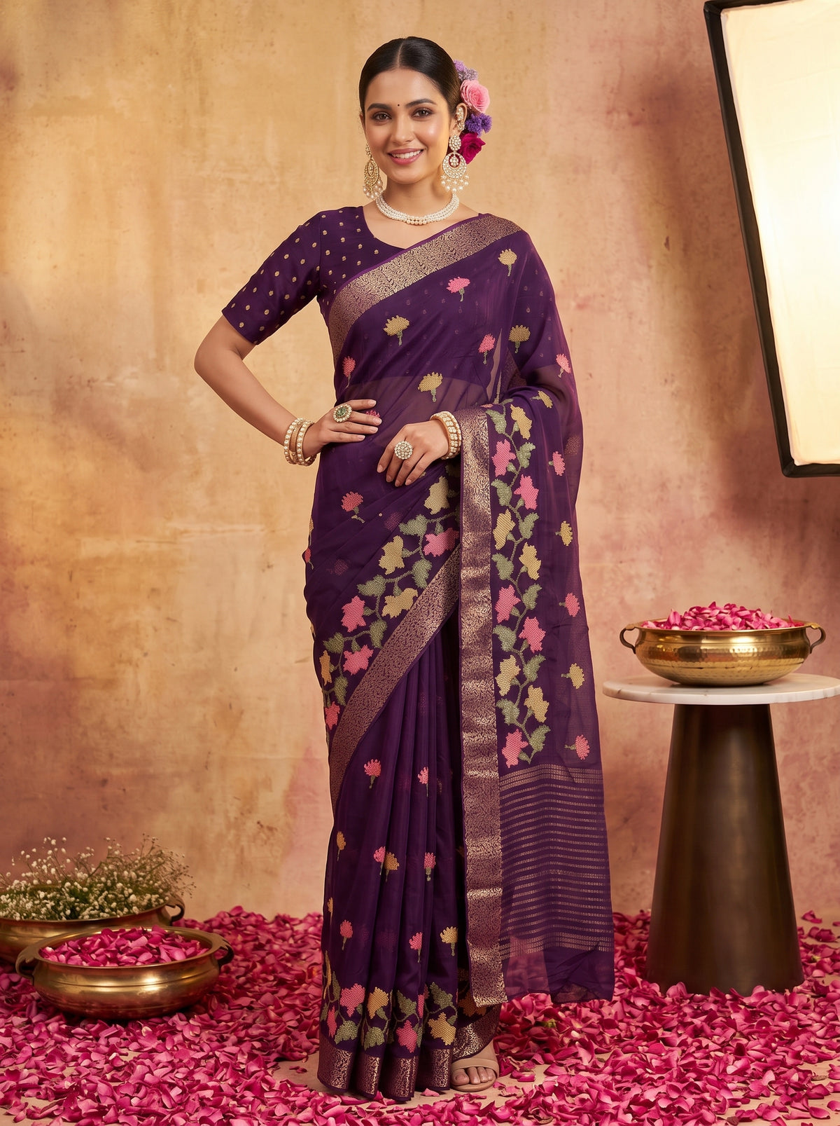 MIMOSA Jamun Jaipur Pure Viscose Chiffon Saree — model mid section