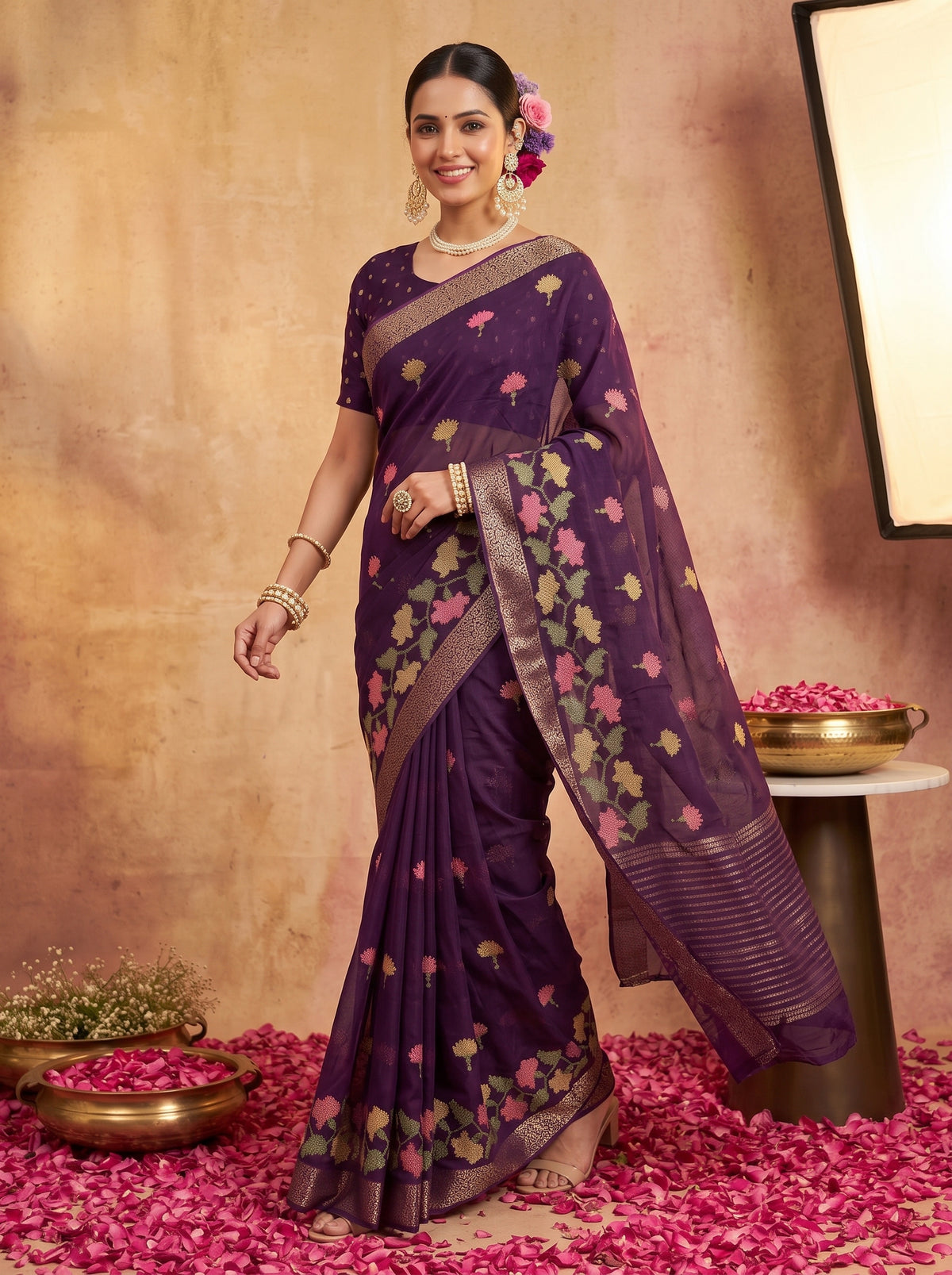 MIMOSA Jamun Jaipur Pure Viscose Chiffon Saree — full saree shot