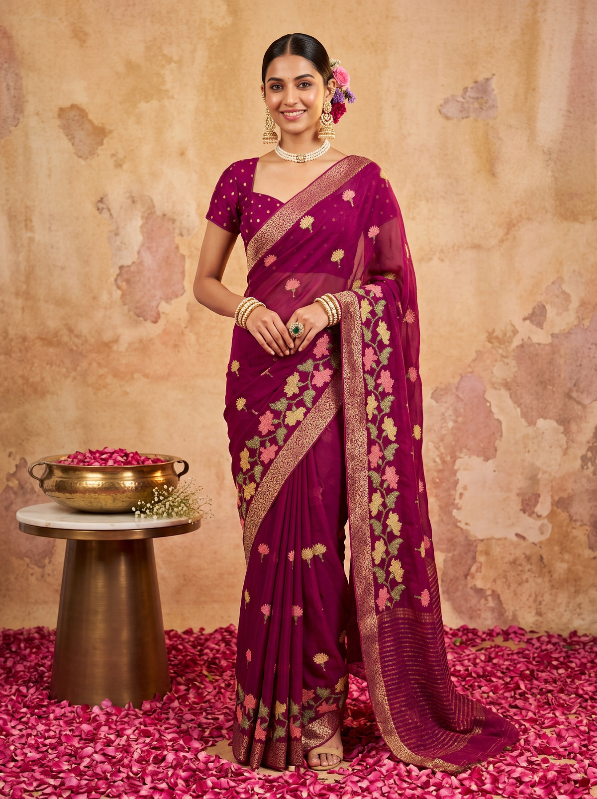 MIMOSA Magenta Jaipur Pure Viscose Chiffon Saree — model full shot