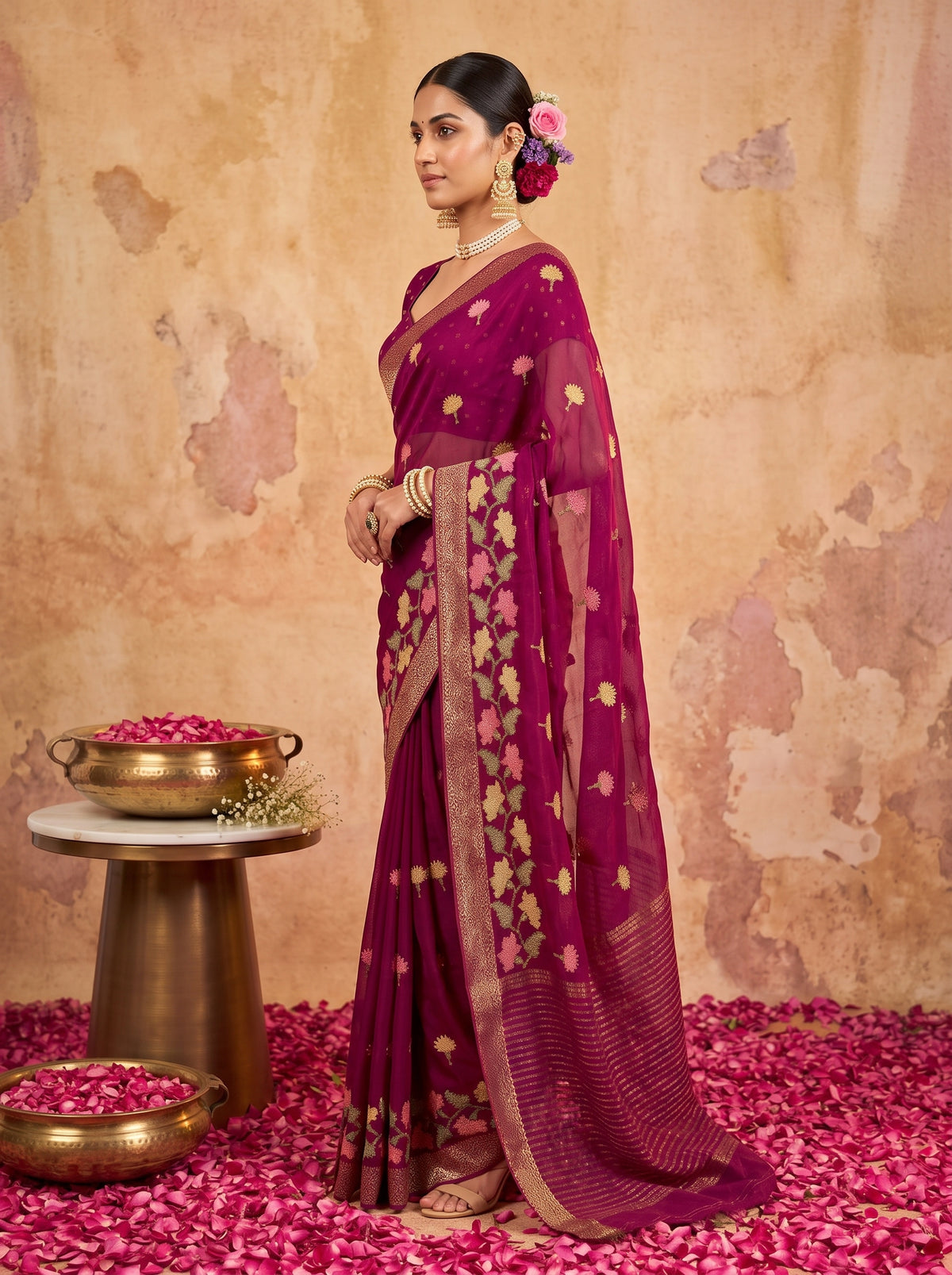 MIMOSA Magenta Jaipur Pure Viscose Chiffon Saree — model mid section