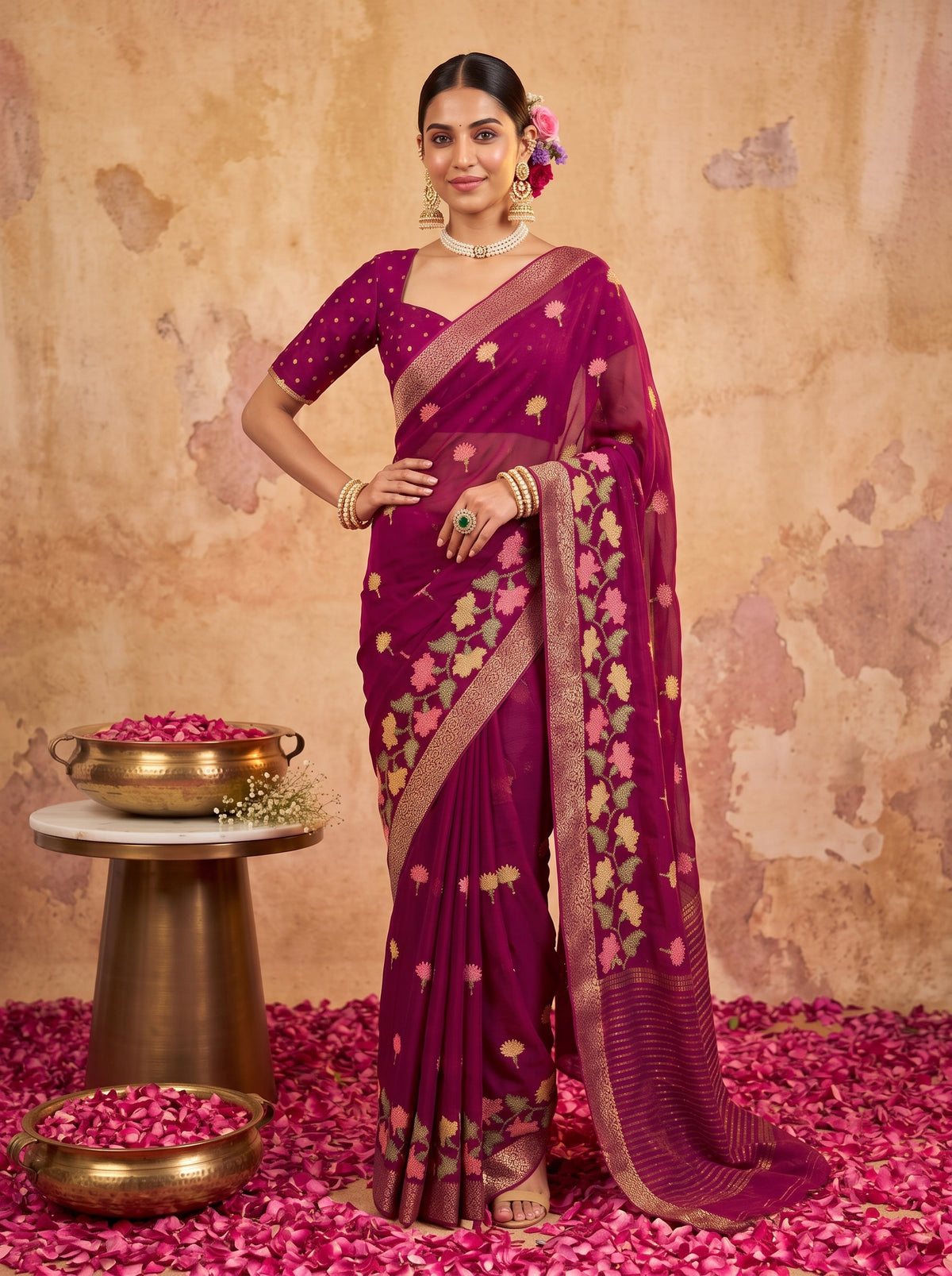 MIMOSA Magenta Jaipur Pure Viscose Chiffon Saree — model lower body