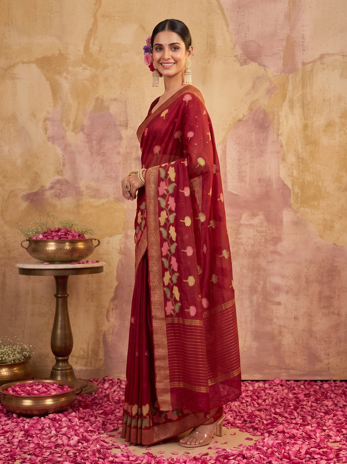 MIMOSA Maroon Jaipur Pure Viscose Chiffon Saree — full saree shot