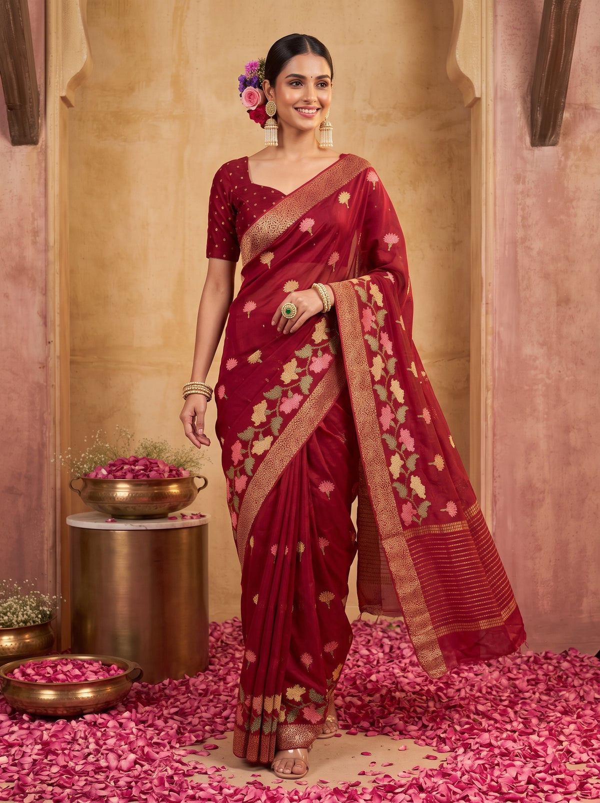 MIMOSA Maroon Jaipur Saree — pose 6 styling detail