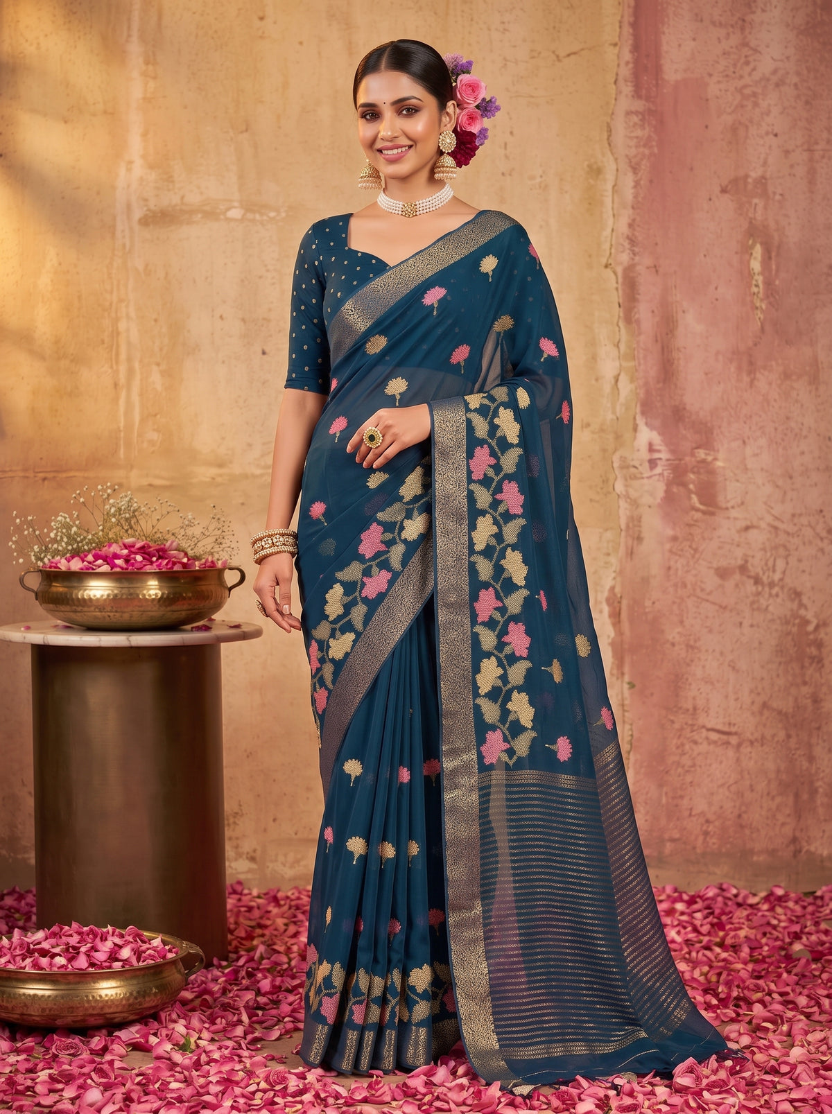 MIMOSA Navy Jaipur Saree — pose 10 styling detail