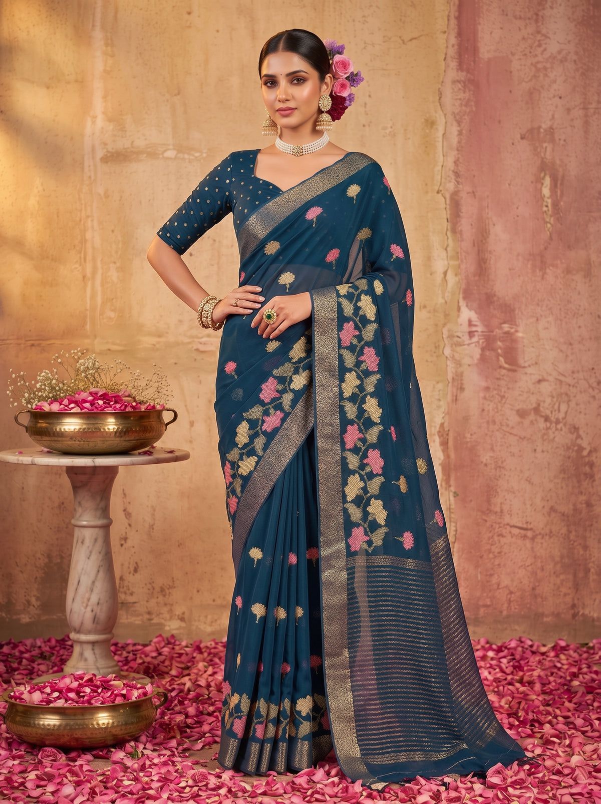 MIMOSA Navy Jaipur Pure Viscose Chiffon Saree — model mid section