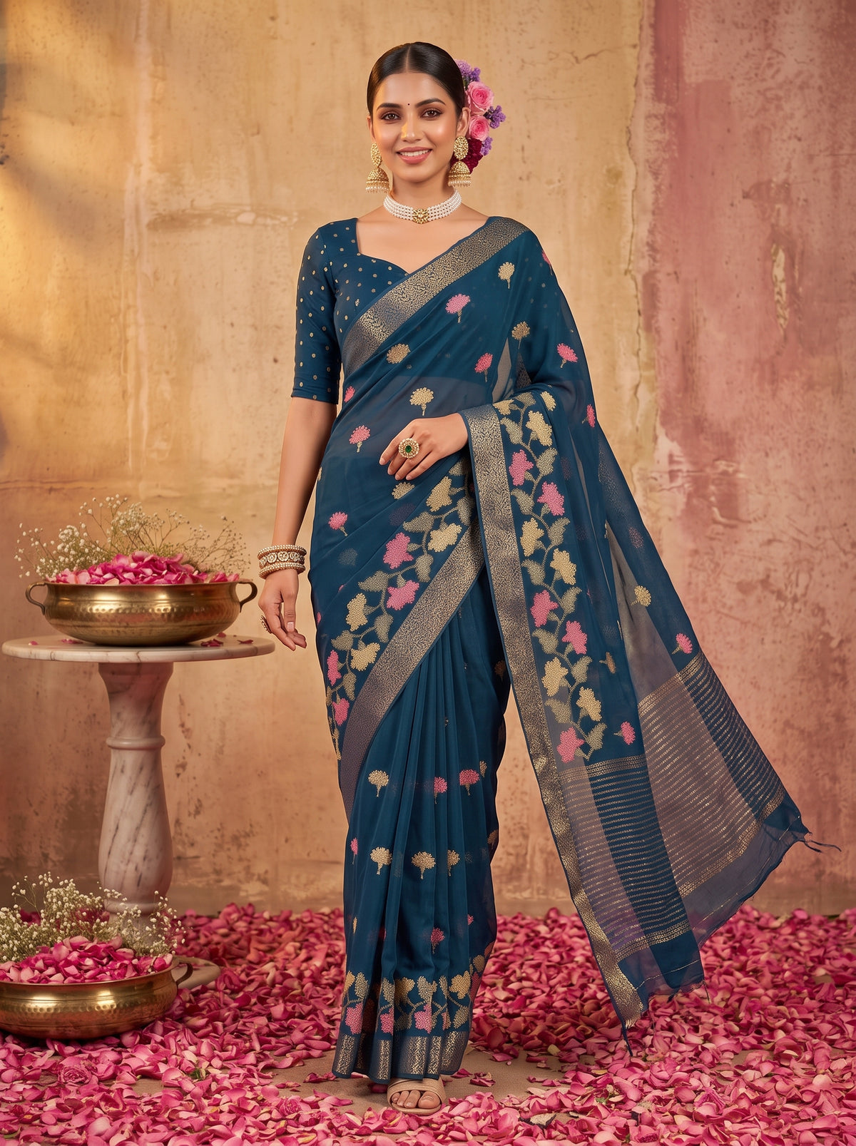 MIMOSA Navy Jaipur Pure Viscose Chiffon Saree — full saree shot