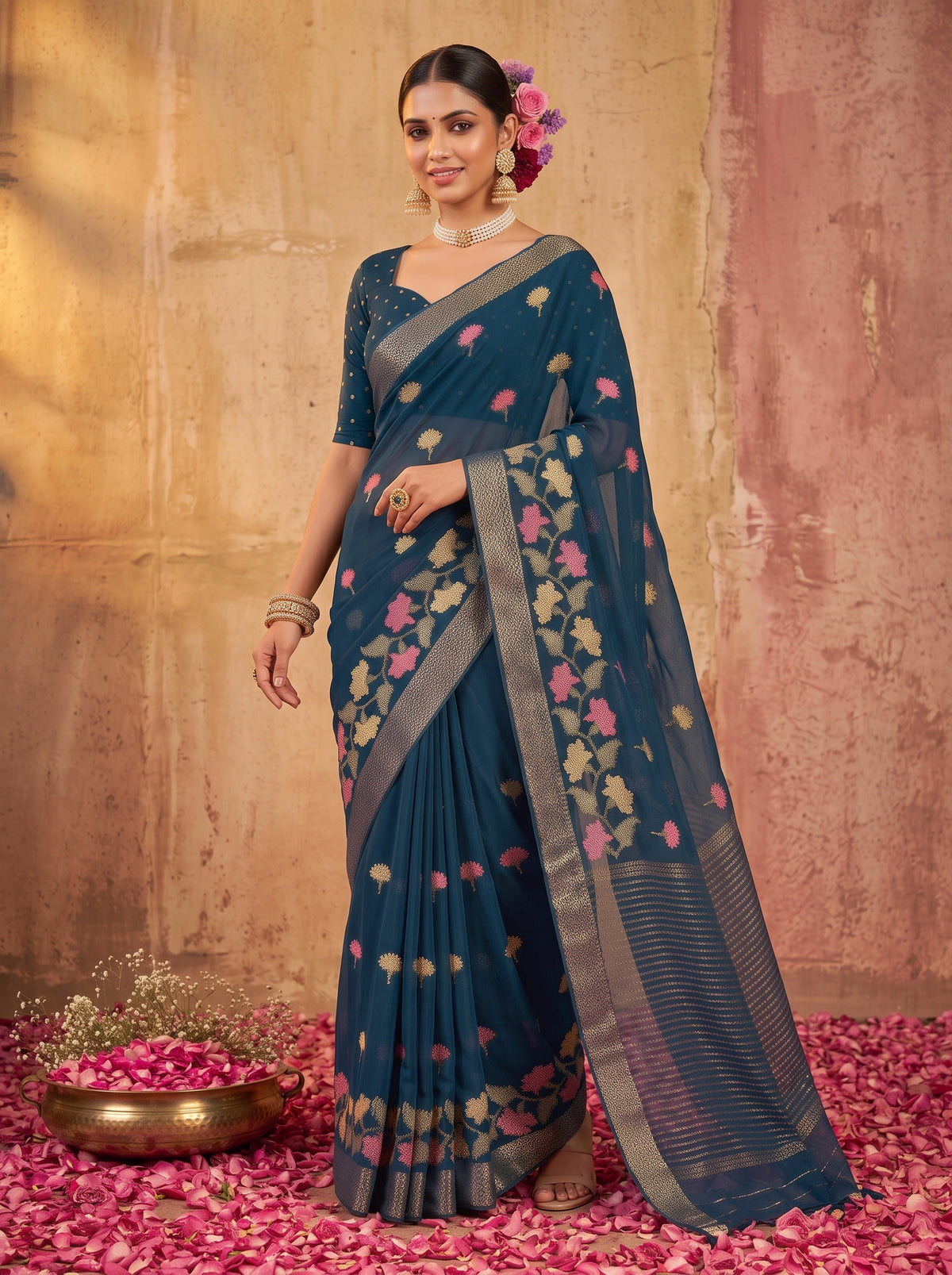 MIMOSA Navy Jaipur Saree — pose 9 styling detail