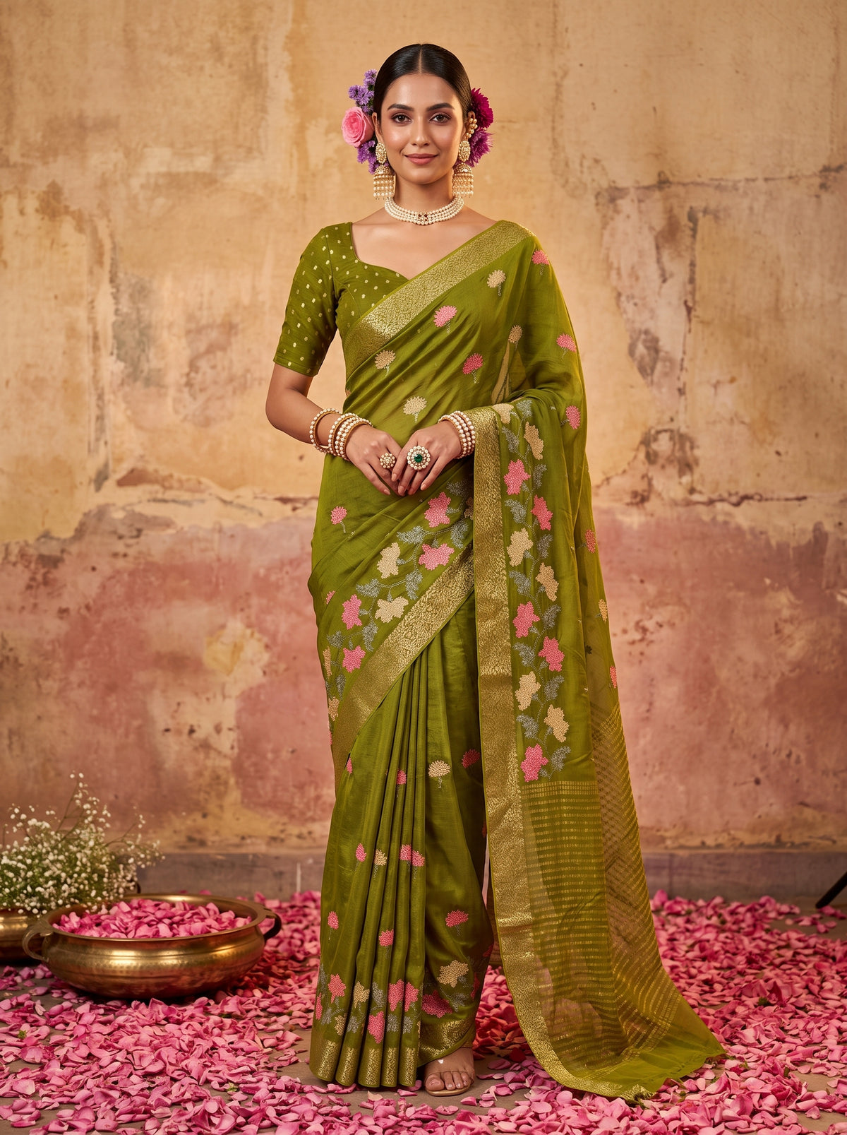 MIMOSA Olive Jaipur Pure Viscose Chiffon Saree — model full shot