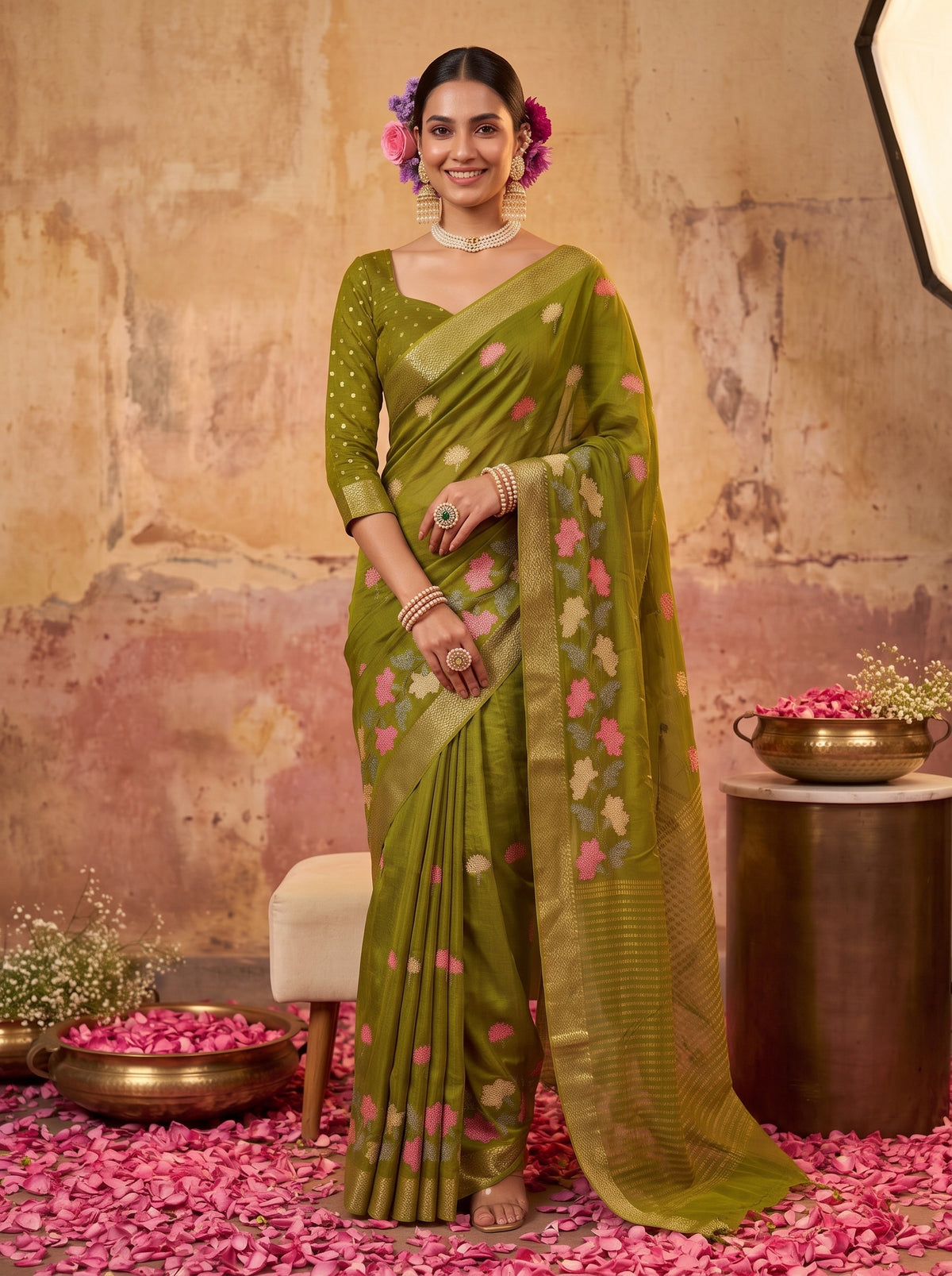 MIMOSA Olive Jaipur Saree — pose 10 styling detail