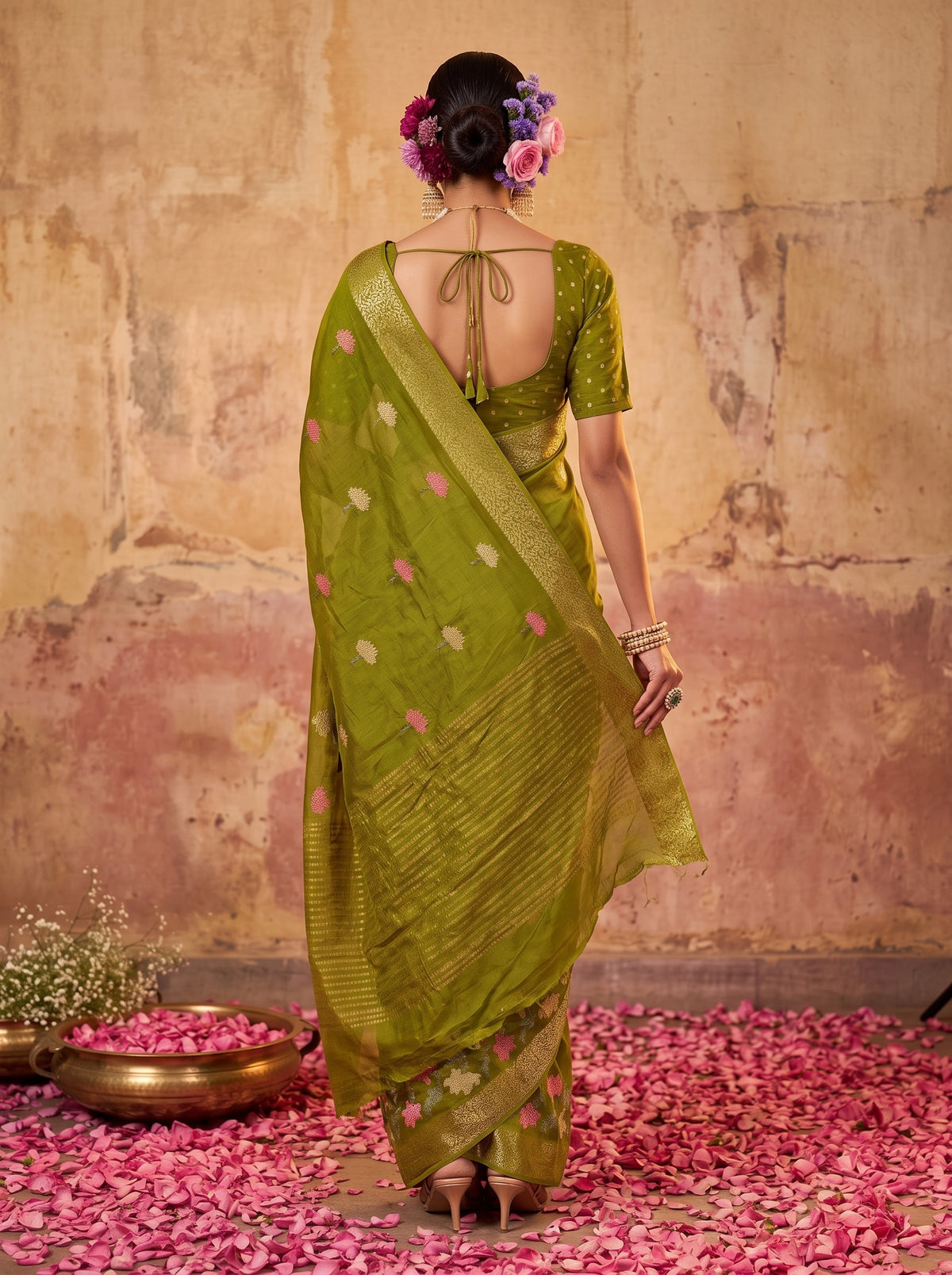 MIMOSA Olive Jaipur Pure Viscose Chiffon Saree — model upper body
