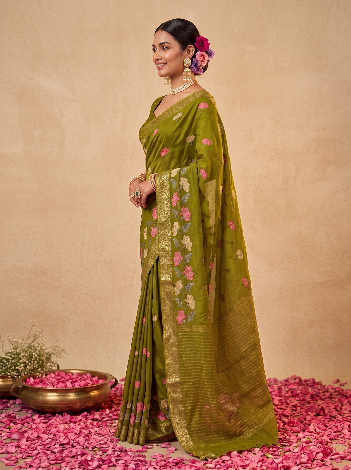 MIMOSA Olive Jaipur Pure Viscose Chiffon Saree — model mid section