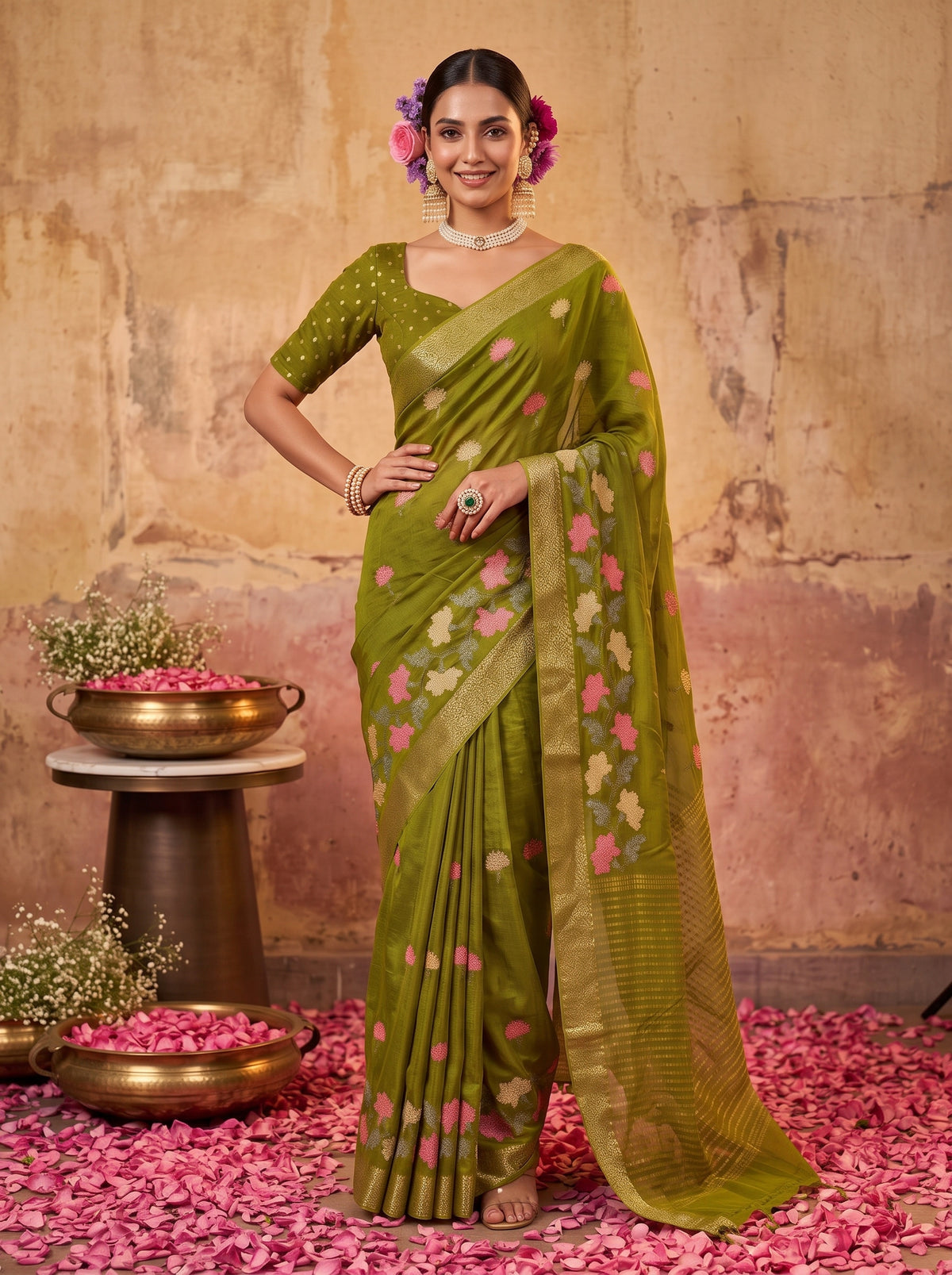 MIMOSA Olive Jaipur Pure Viscose Chiffon Saree — model lower body