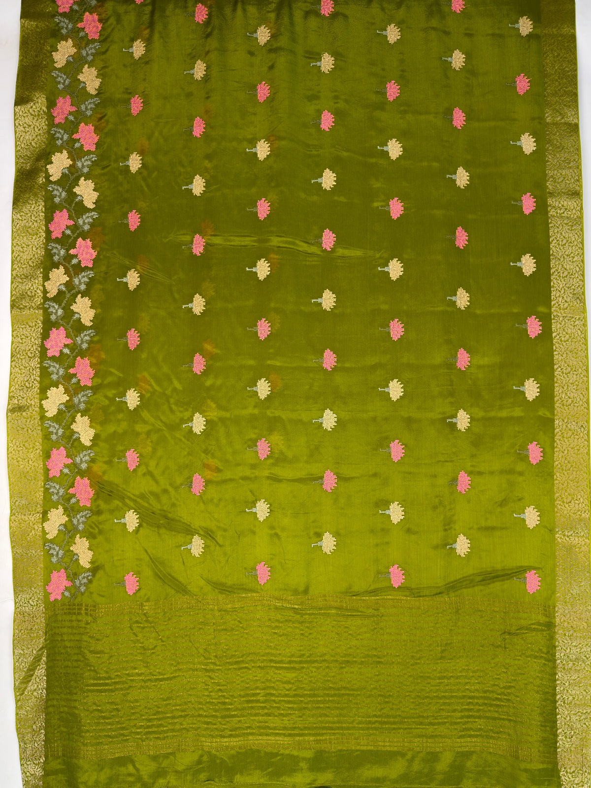 MIMOSA Olive Jaipur Saree — pallu and zari work detail