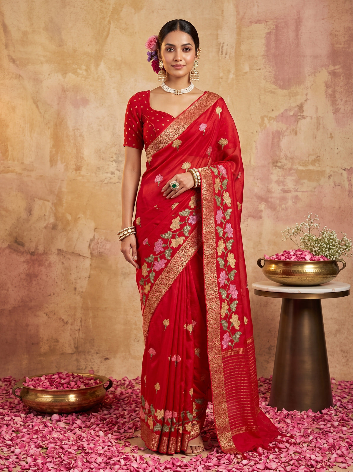 MIMOSA Red Jaipur Pure Viscose Chiffon Saree — model full shot