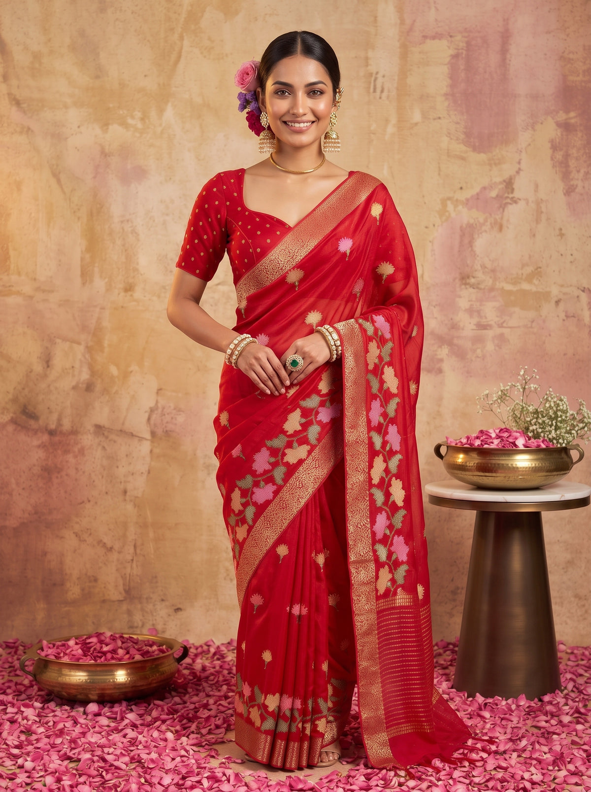 MIMOSA Red Jaipur Saree — pose 10 styling detail