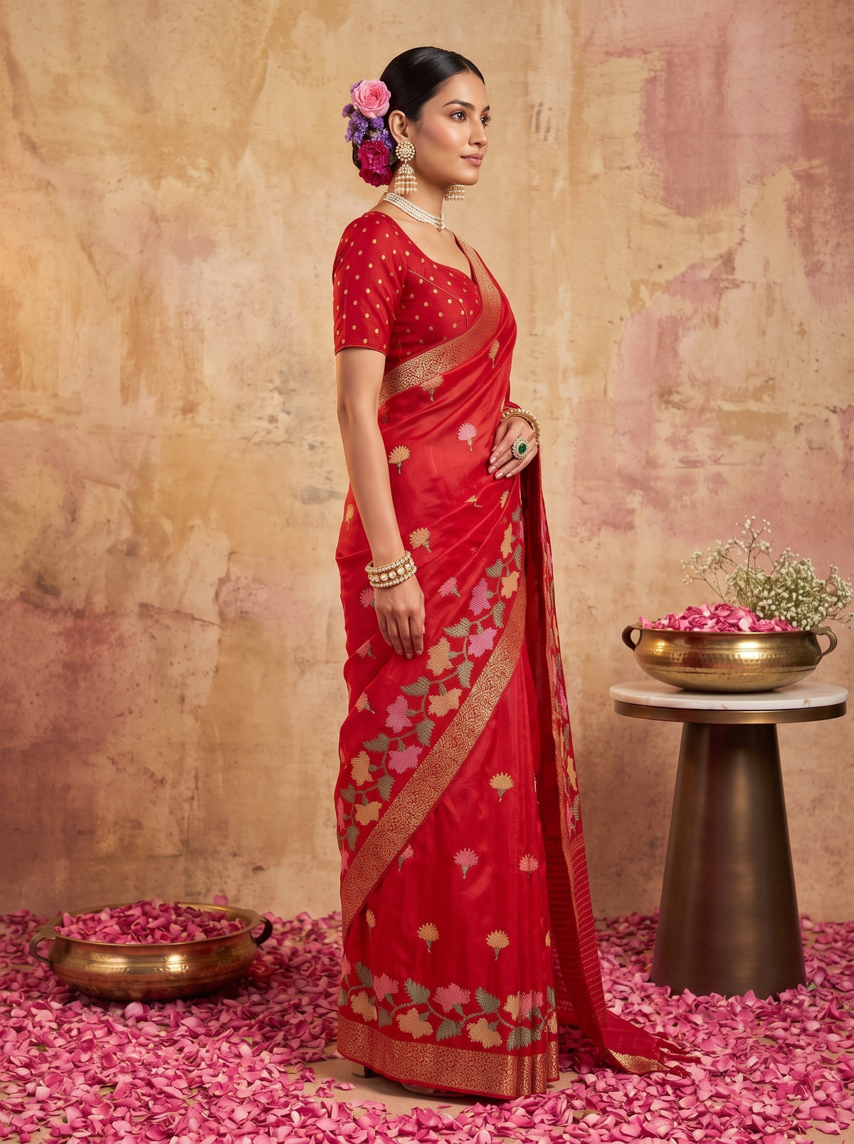 MIMOSA Red Jaipur Pure Viscose Chiffon Saree — model upper body
