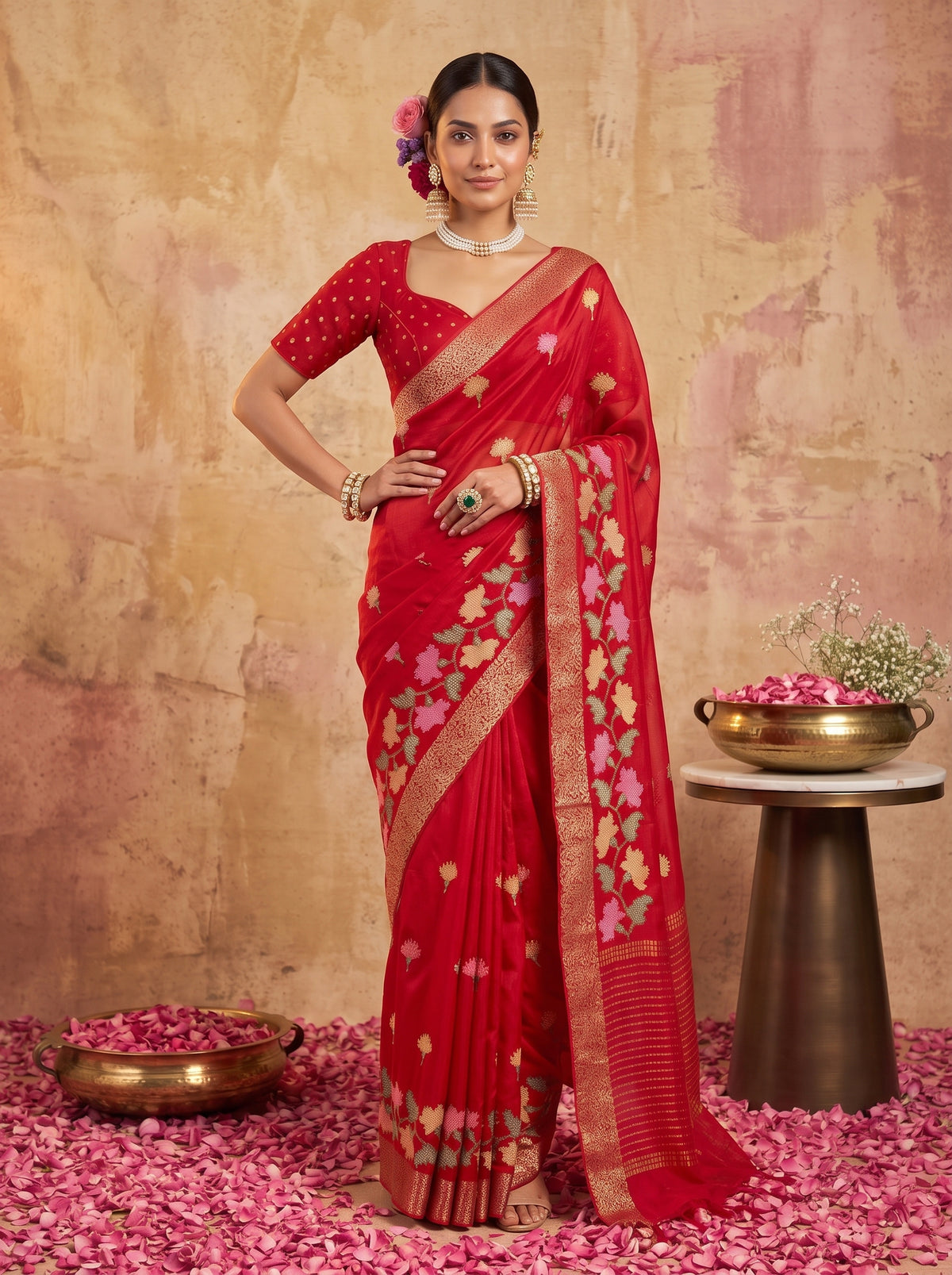 MIMOSA Red Jaipur Pure Viscose Chiffon Saree — model mid section