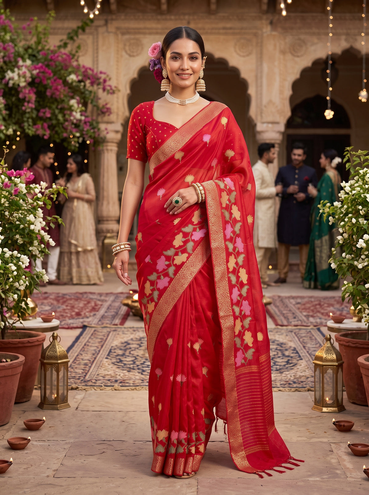 MIMOSA Red Jaipur Pure Viscose Chiffon Saree — model lower body