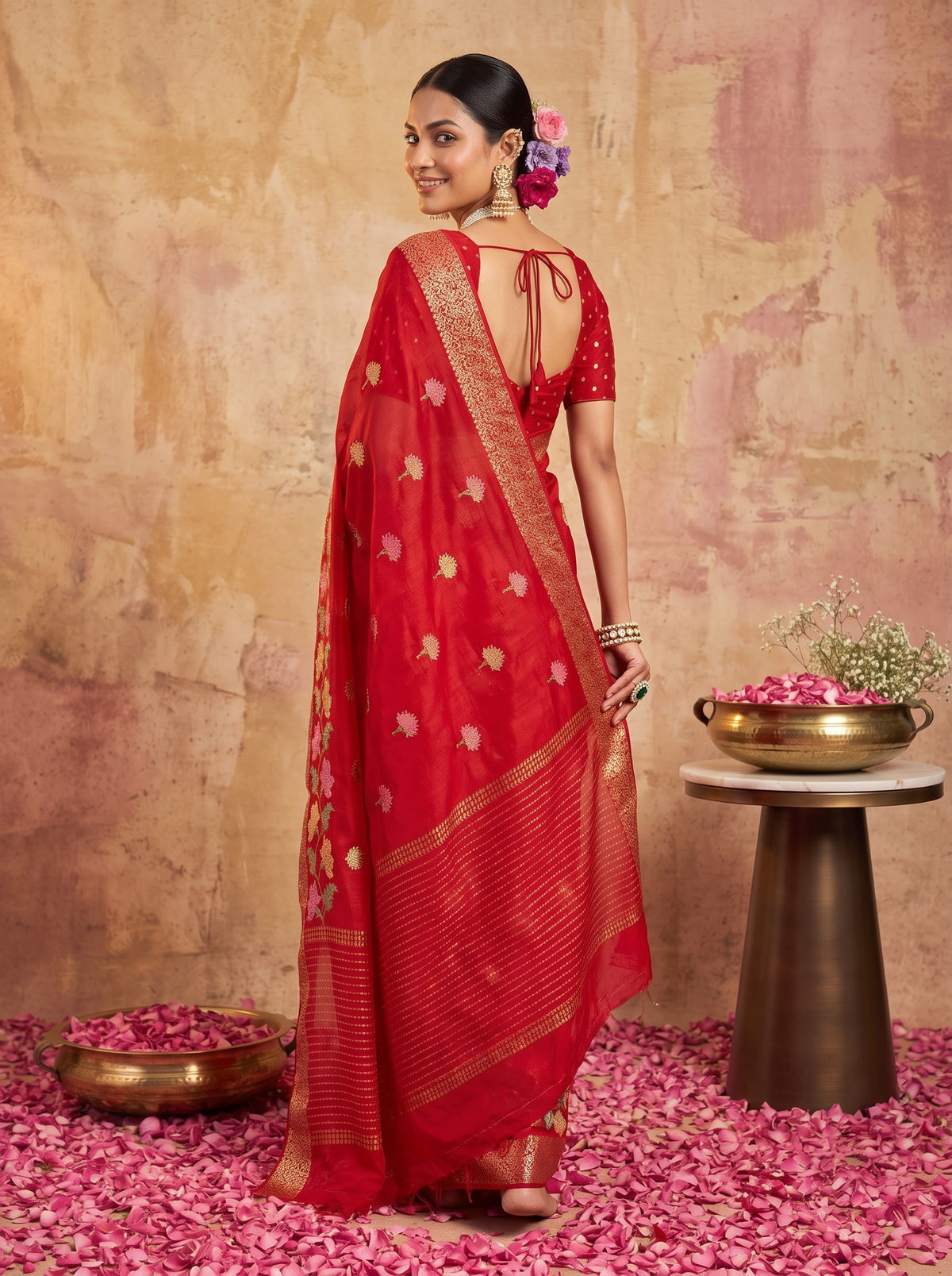 MIMOSA Red Jaipur Pure Viscose Chiffon Saree — full saree shot